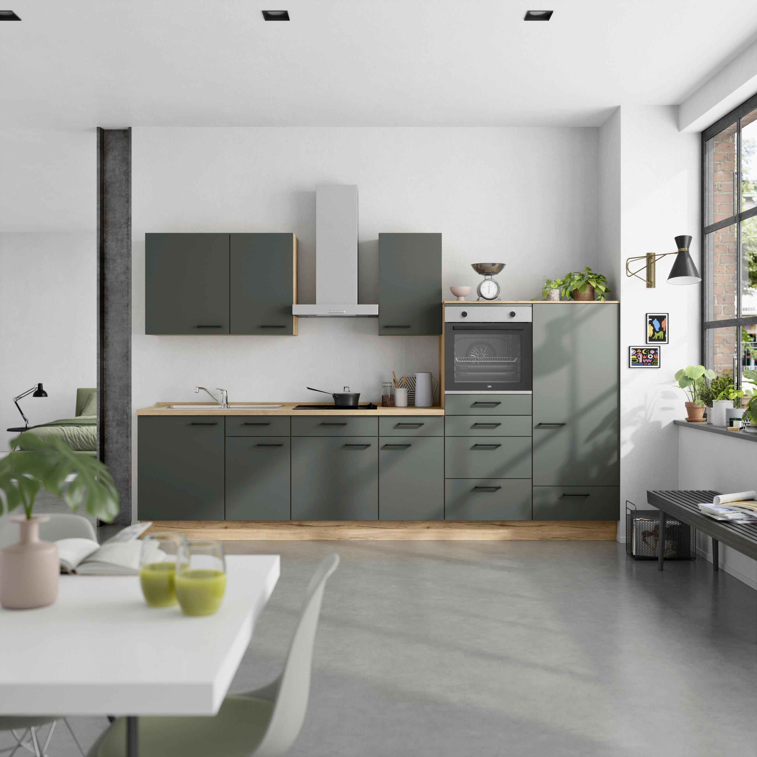 KÜCHENBLOCK 330 cm   in Eichefarben, Dunkelgrün  - Dunkelgrün/Eichefarben, MODERN, Holzwerkstoff/Metall (330cm) - Nobilia