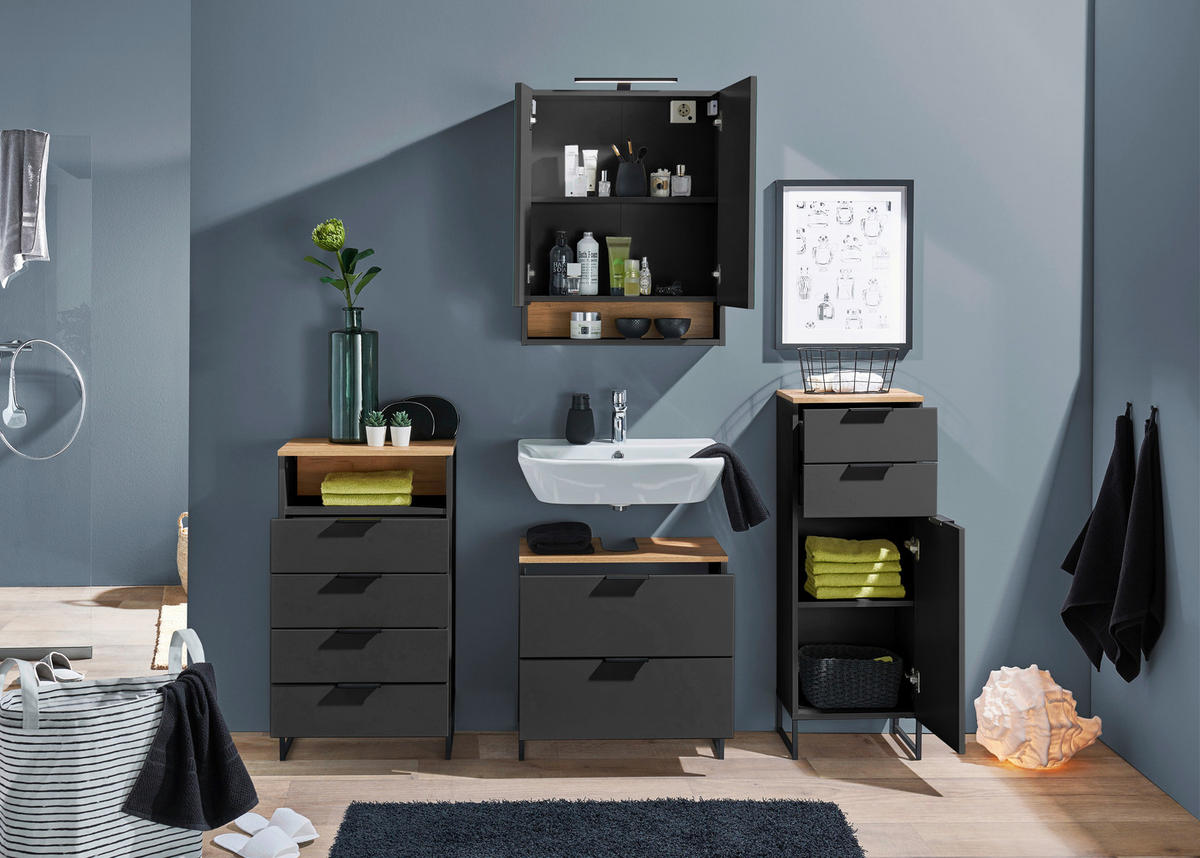 MIDISCHRANK 38/106/32 cm  - Eichefarben/Schwarz, KONVENTIONELL, Holzwerkstoff/Metall (38/106/32cm) - home24
