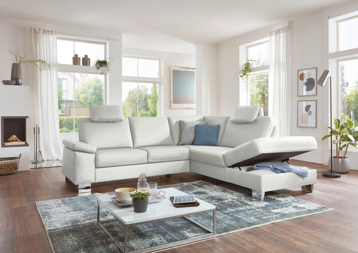 ECKSOFA  in Echtleder Weiß  248/235 cm  - Alufarben/Weiß, Design, Leder/Metall (248/235cm) - Beldomo Premium