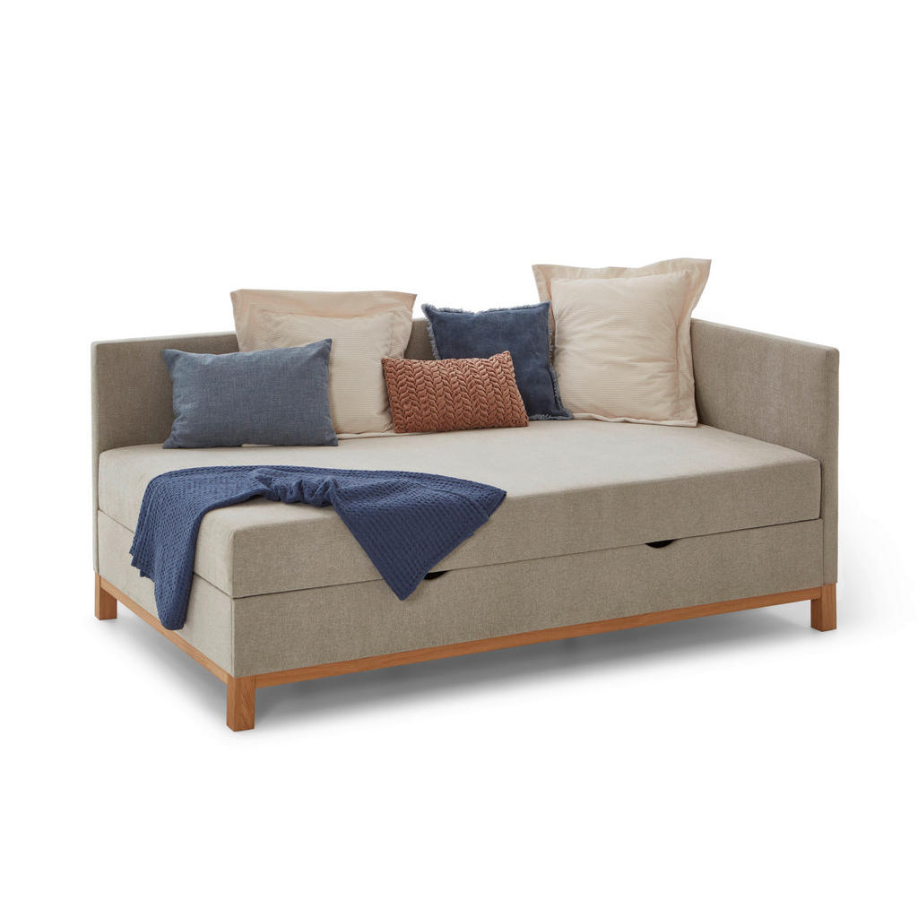 Thumbnail - Boxxx Boxbett, Taupe, Textil, Esche, massiv, H3, Höhe ca. 19 cm, 90x200 cm, Reach, Bettkasten, gepolstertes Kopfteil, St...