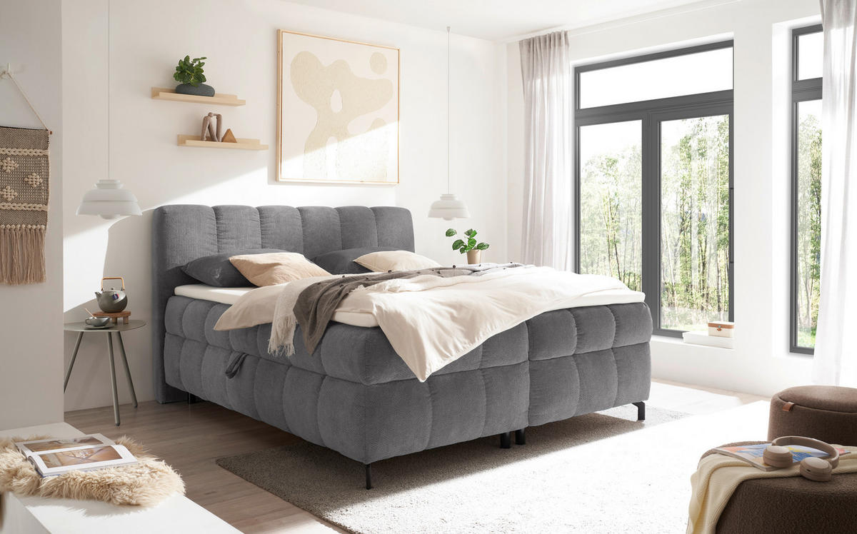 BOXBETT 180/200 cm,  in Grau, Bettkasten, Topper, Matratzen, H2 = mittel  - Schwarz/Grau, KONVENTIONELL, Kunststoff/Textil (180/200cm) - Hom`in