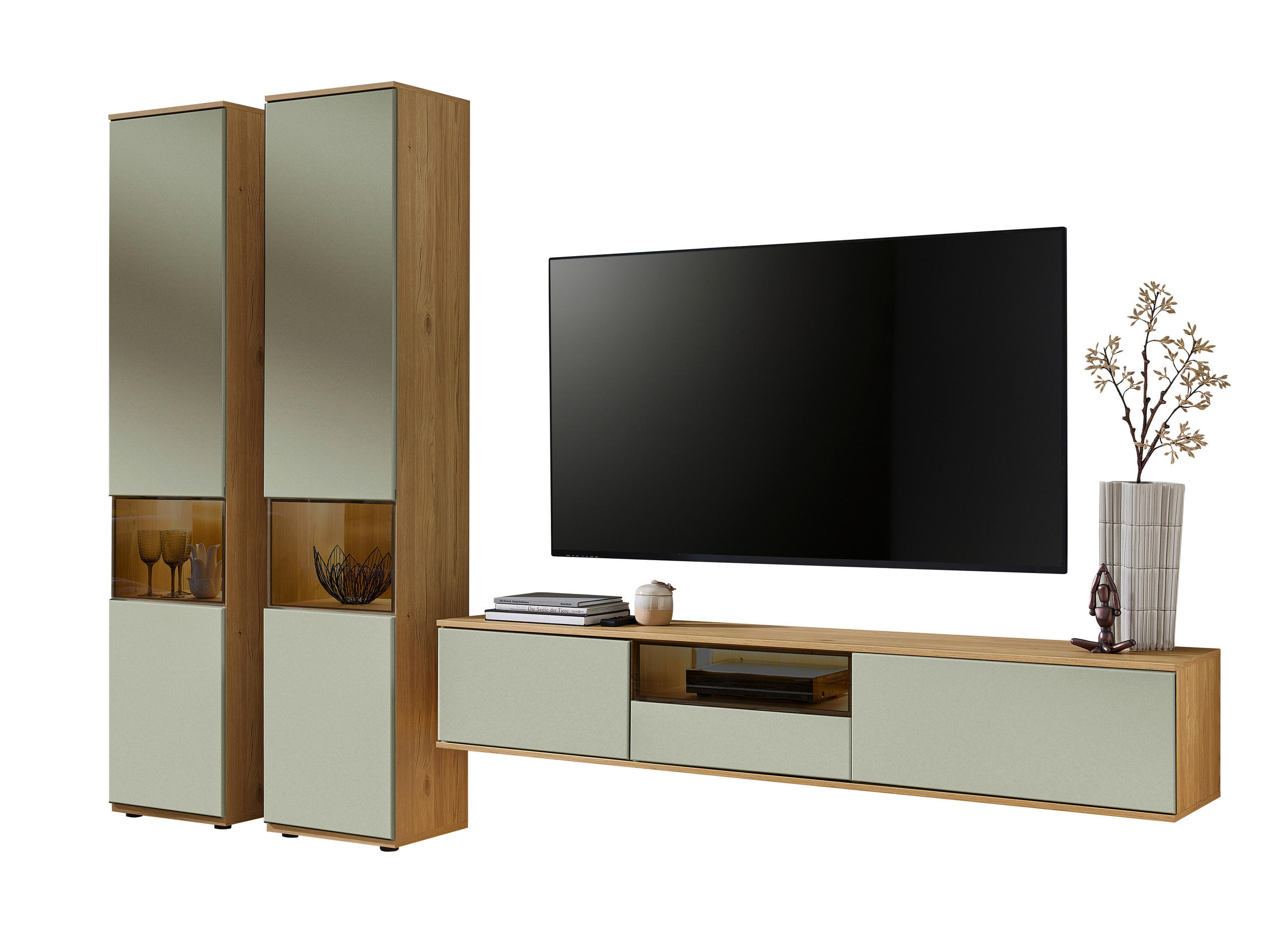 WOHNWAND  in Eichefarben, Schilfgrün  315/215/40 cm  - Schilfgrün/Eichefarben, KONVENTIONELL, Glas/Holzwerkstoff (315/215/40cm) - Venda