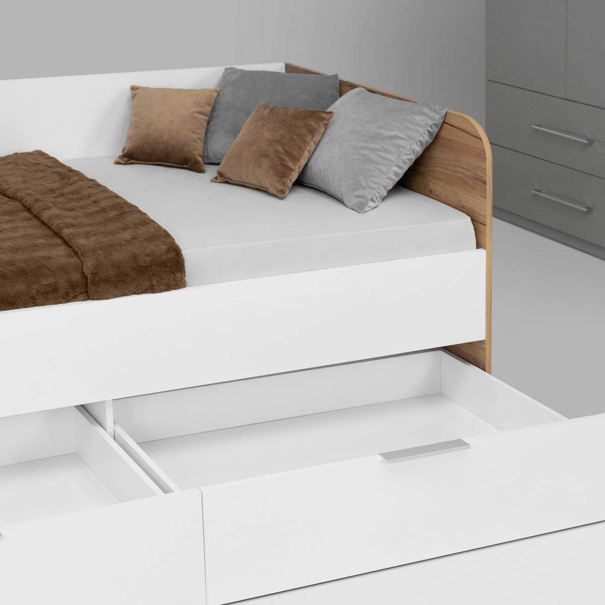 STAURAUMBETT 90/200 cm  in Eiche Wotan  - Weiß Hochglanz/Eiche Wotan, MODERN, Holzwerkstoff (90/200cm) - MID.YOU