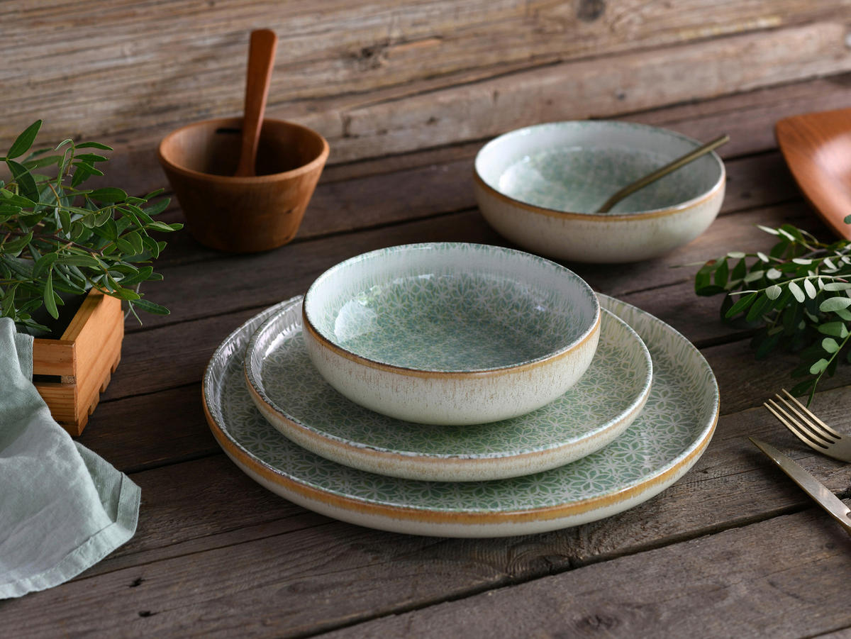 JEDÁLENSKÝ SERVIS, kamenina - krémová/zelená, Basics, keramika - Creatable