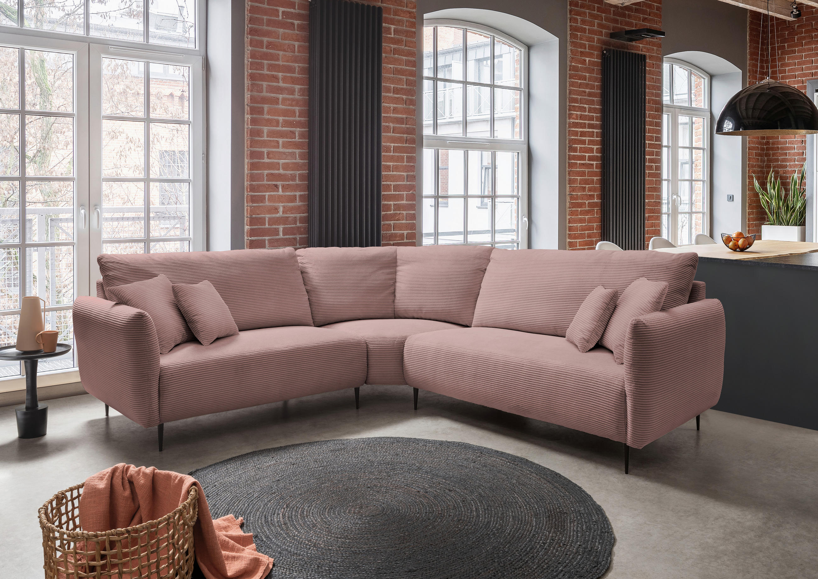 ECKSOFA in Cord Rosa - Schwarz/Rosa, Design, Textil/Metall (256/256cm) - Livetastic