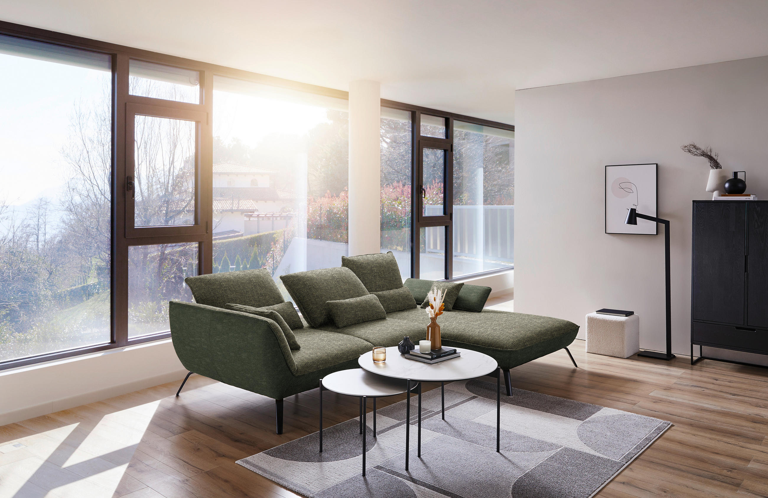 ECKSOFA in Flachgewebe Dunkelgrün  - Dunkelgrün/Schwarz, Design, Textil/Metall (301/191cm) - Moderano