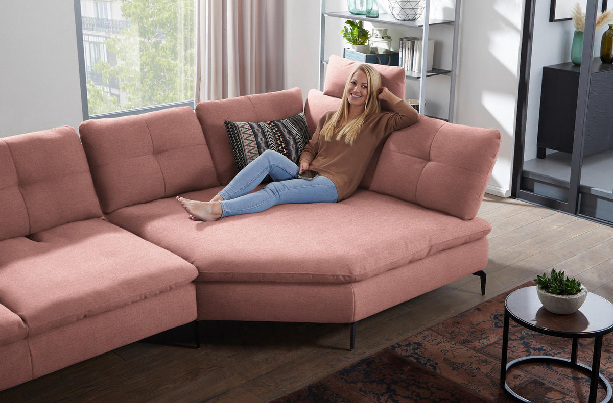 ECKSOFA in Flachgewebe Altrosa  344/157 cm  - Schwarz/Altrosa, Design, Textil/Metall (344/157cm) - Chilliano