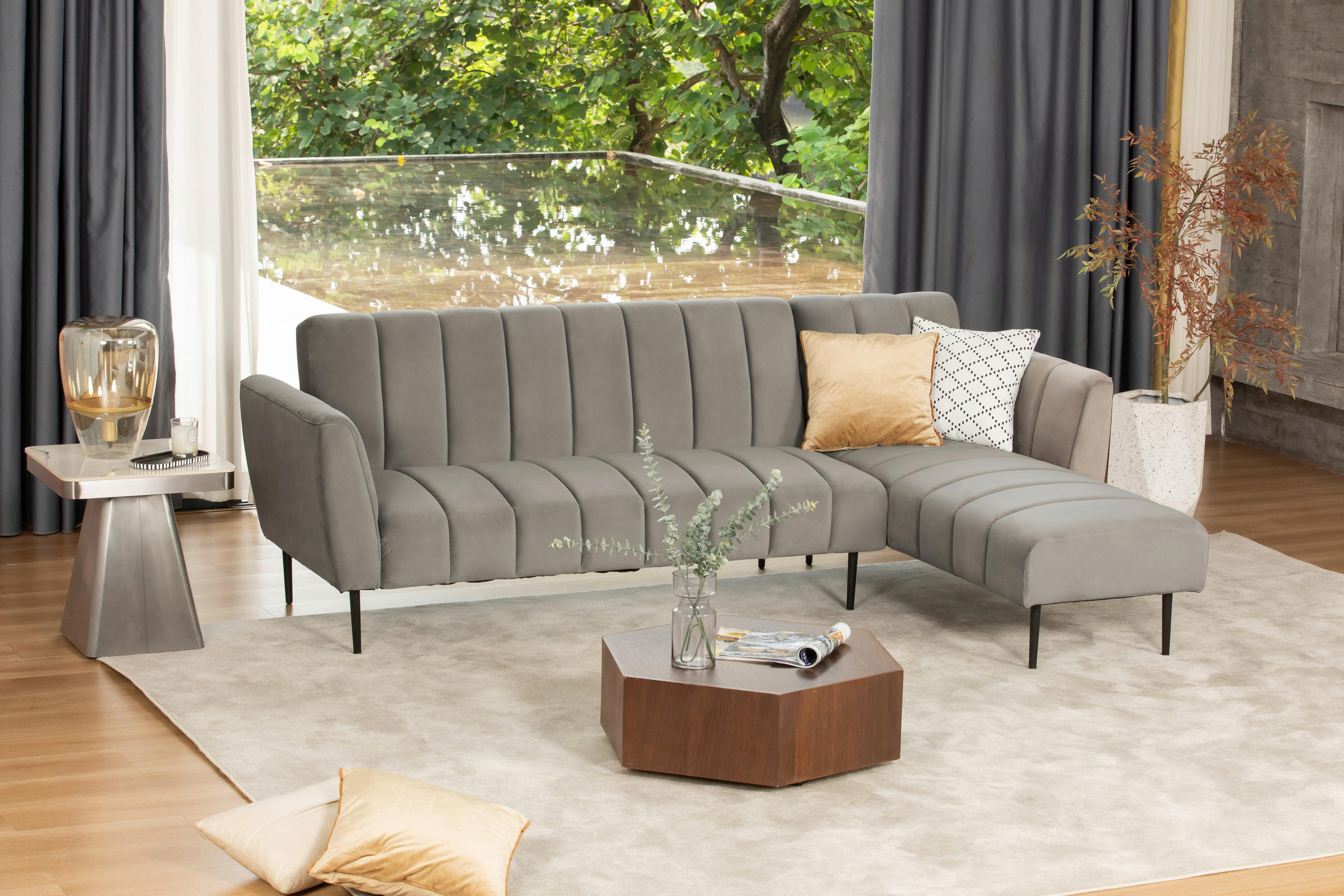 ECKSOFA Grau Samt  - Schwarz/Grau, MODERN, Textil/Metall (253/87/169cm) - P & B