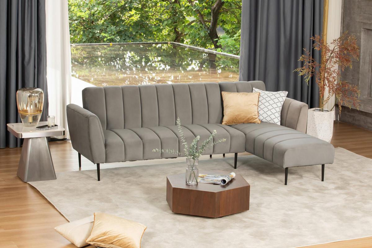 ECKSOFA Grau Samt  - Schwarz/Grau, MODERN, Textil/Metall (253/87/169cm) - P & B