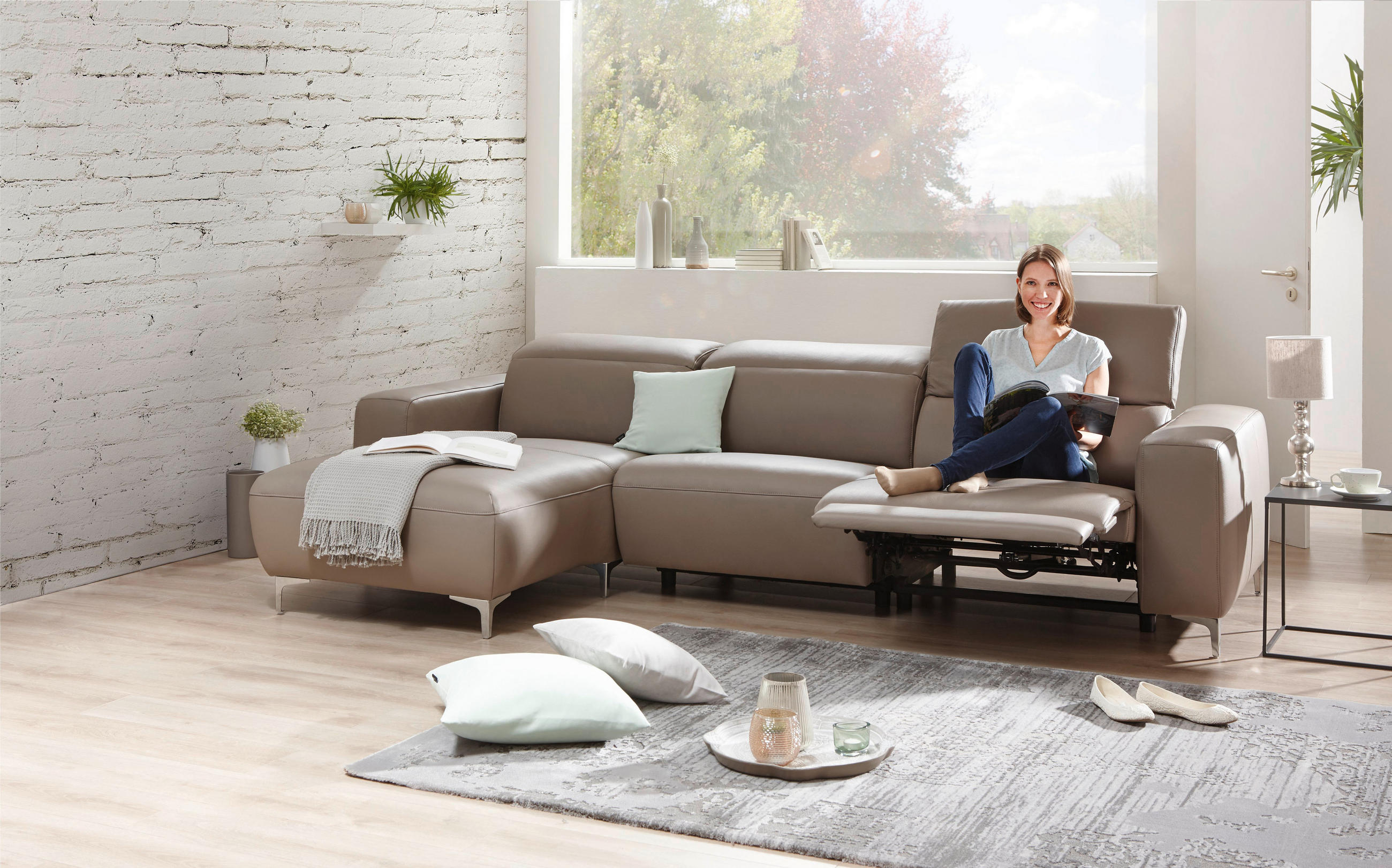 ECKSOFA Taupe Echtleder  - Taupe/Chromfarben, Design, Leder/Metall (177/292cm) - Pure Home Lifestyle