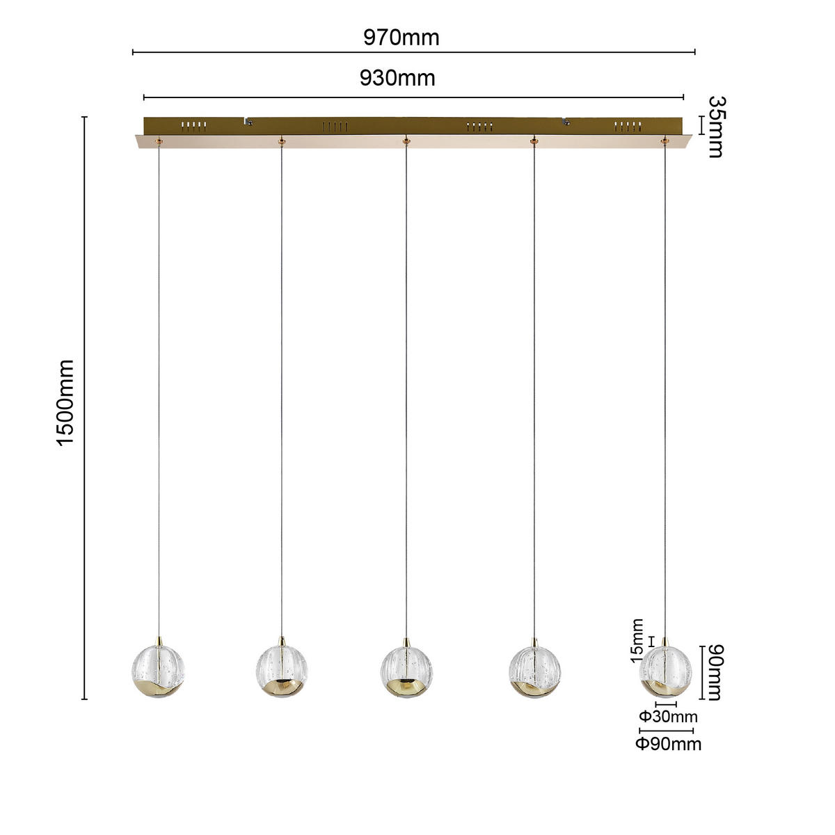 LED-HÄNGELEUCHTE Hastings 96/9/150 cm   - Goldfarben, Design, Glas/Metall (96/9/150cm) - Dieter Knoll