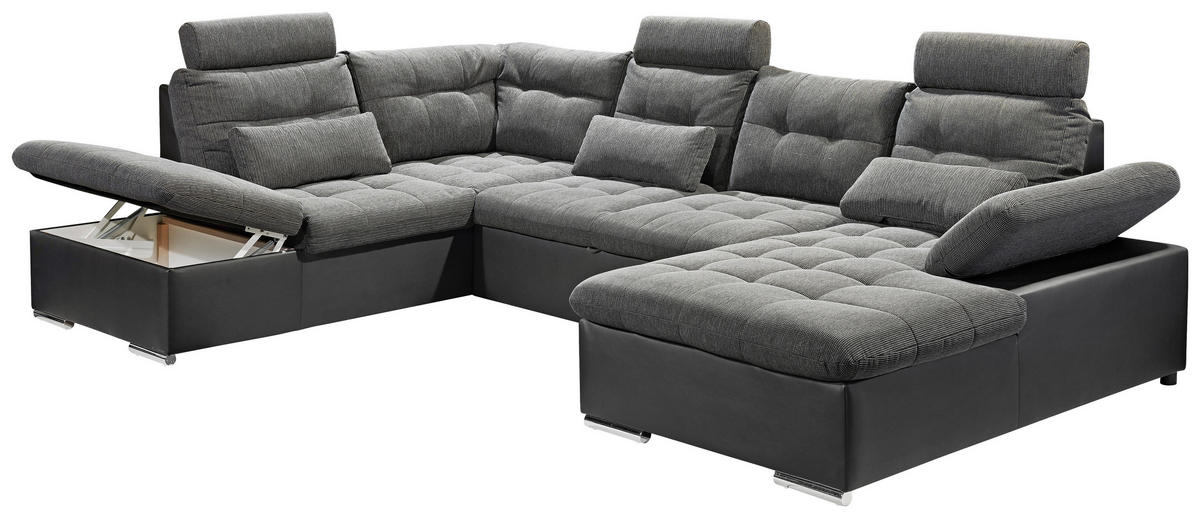 WOHNLANDSCHAFT Grau, Schwarz Webstoff  - Chromfarben/Schwarz, Design, Kunststoff/Textil (218/324/170cm) - MID.YOU