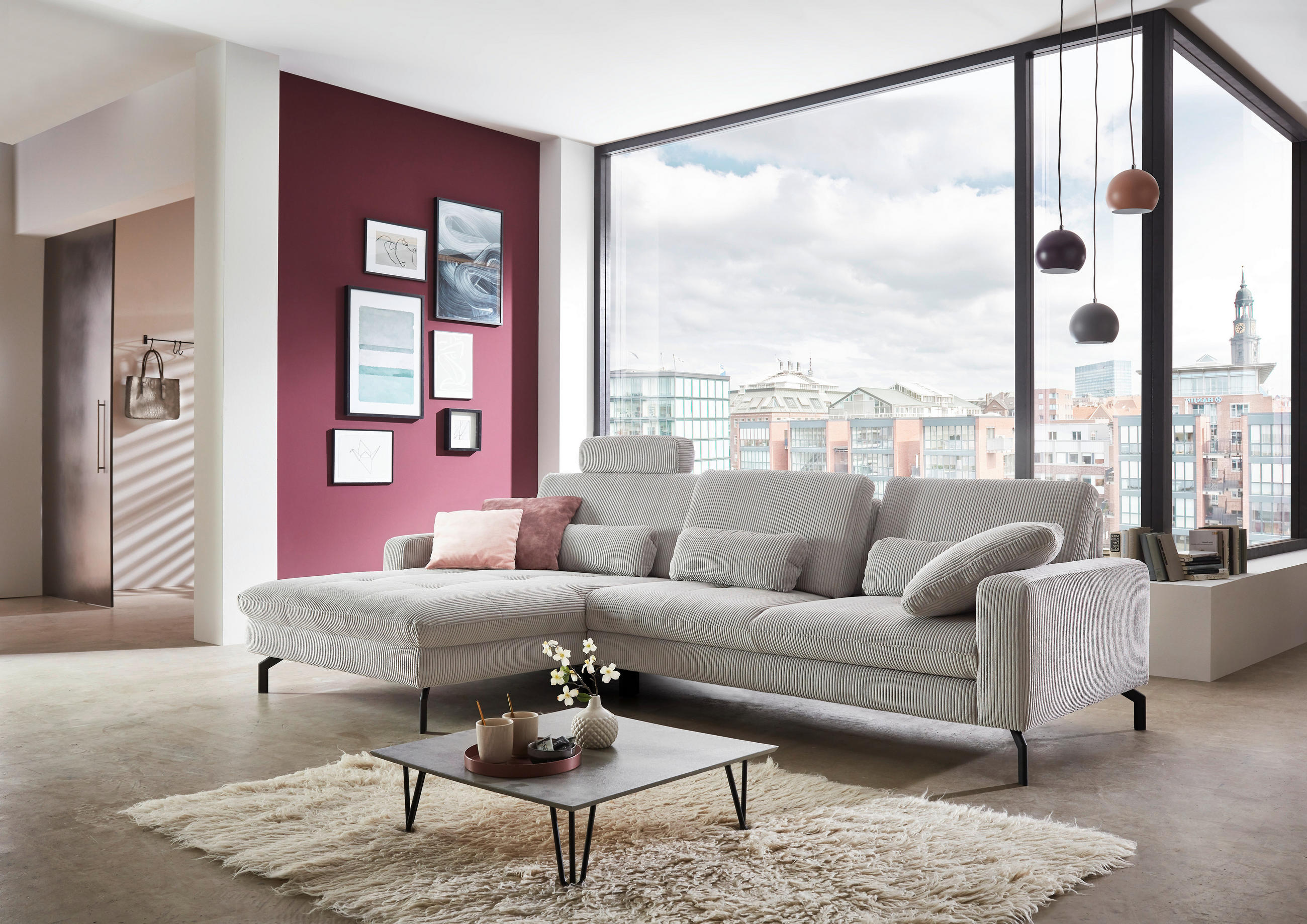 ECKSOFA Grau Cord  - Schwarz/Grau, Design, Textil/Metall (178/302cm) - Carryhome