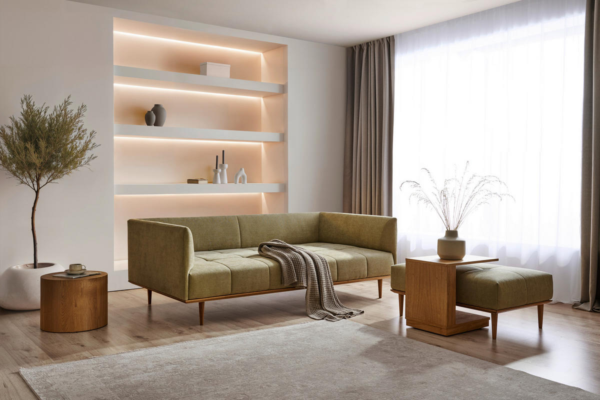 BIGSOFA  in Flachgewebe Grün  - Eichefarben/Grün, Design, Holz/Textil (220/77/120cm) - Joka