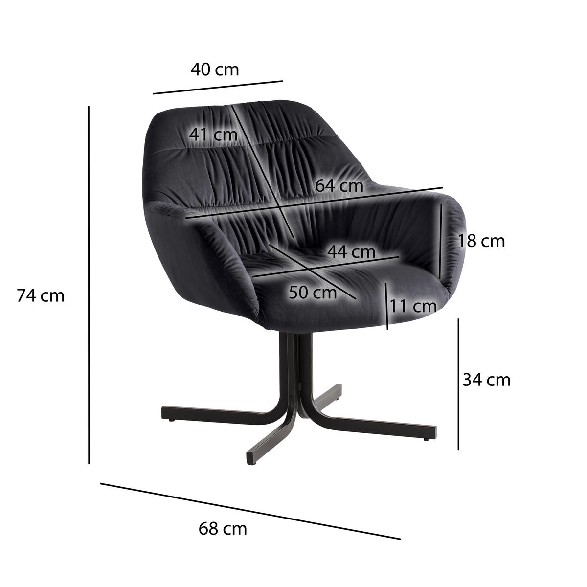 SESSEL in Samt Schwarz  - Schwarz, Design, Textil/Metall (64/74/68cm) - Livetastic