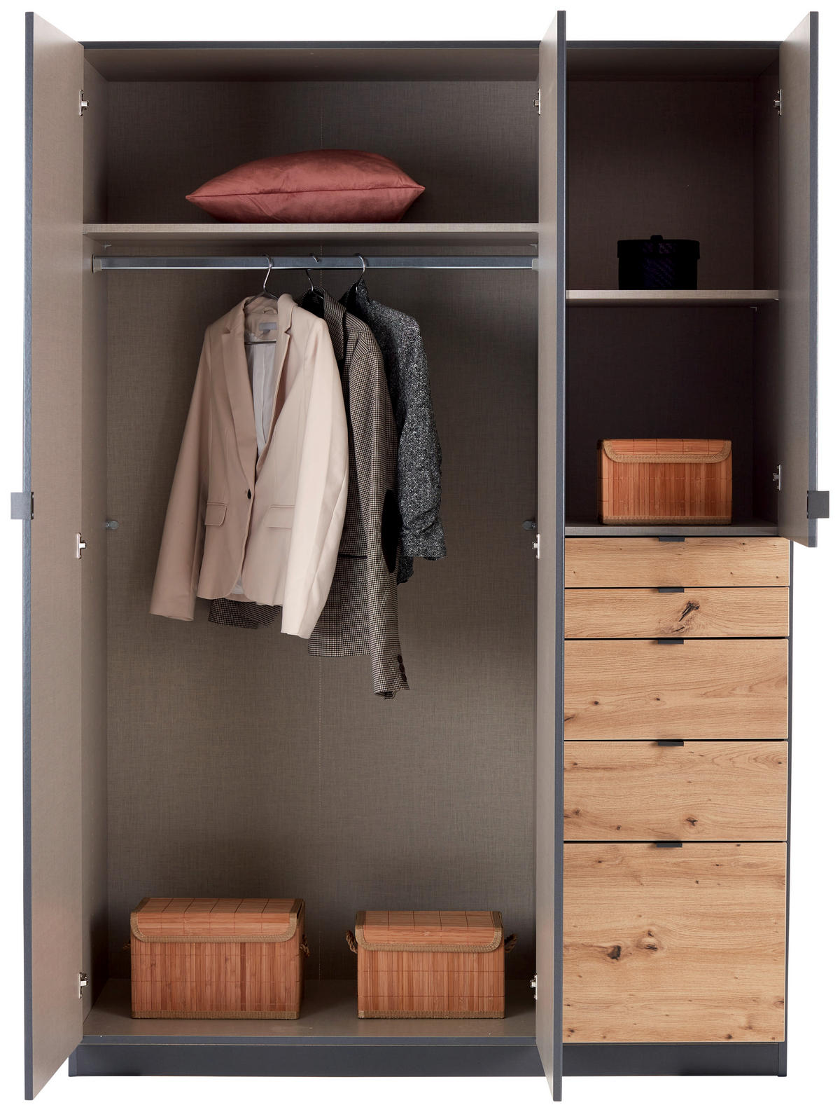 DREHTÜRENSCHRANK 136/197/54 cm 3-türig Eichefarben, Dunkelgrau  - Dunkelgrau/Eichefarben, MODERN, Holzwerkstoff (136/197/54cm) - Rauch Möbel