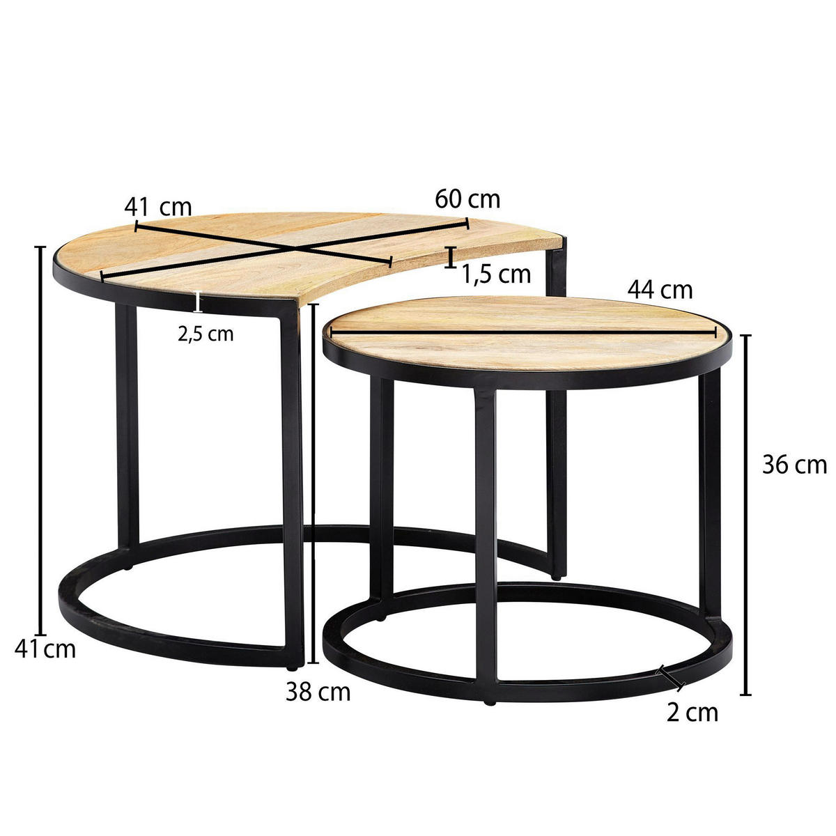COUCHTISCHSET in Holz 41/60/41 cm  - Hellbraun/Schwarz, Modern, Holz/Metall (41/60/41cm) - MID.YOU