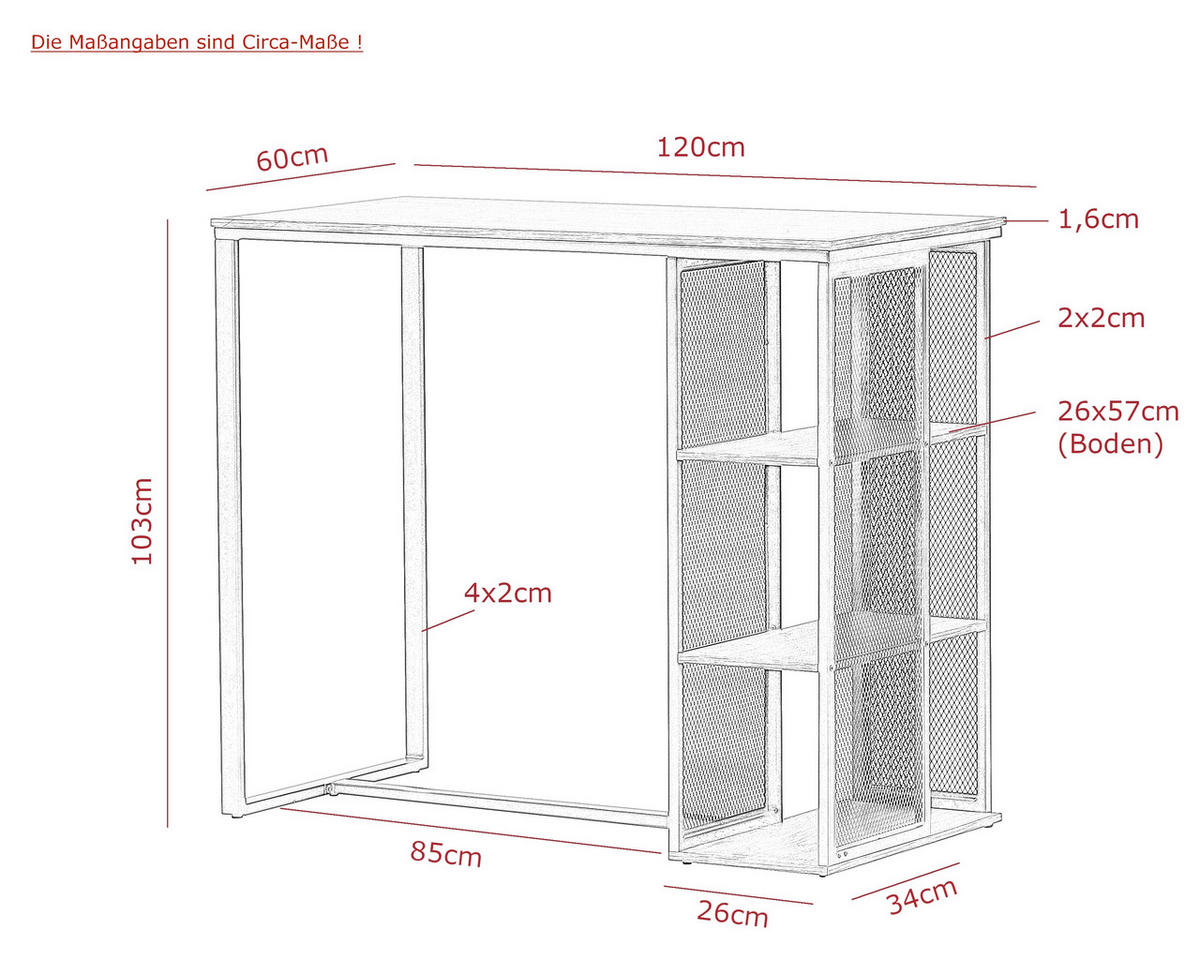 BARTISCH in Metall, Holzwerkstoff 120/102,5/60 cm   - Schwarz/Grau, MODERN, Holzwerkstoff/Metall (120/102,5/60cm) - P & B