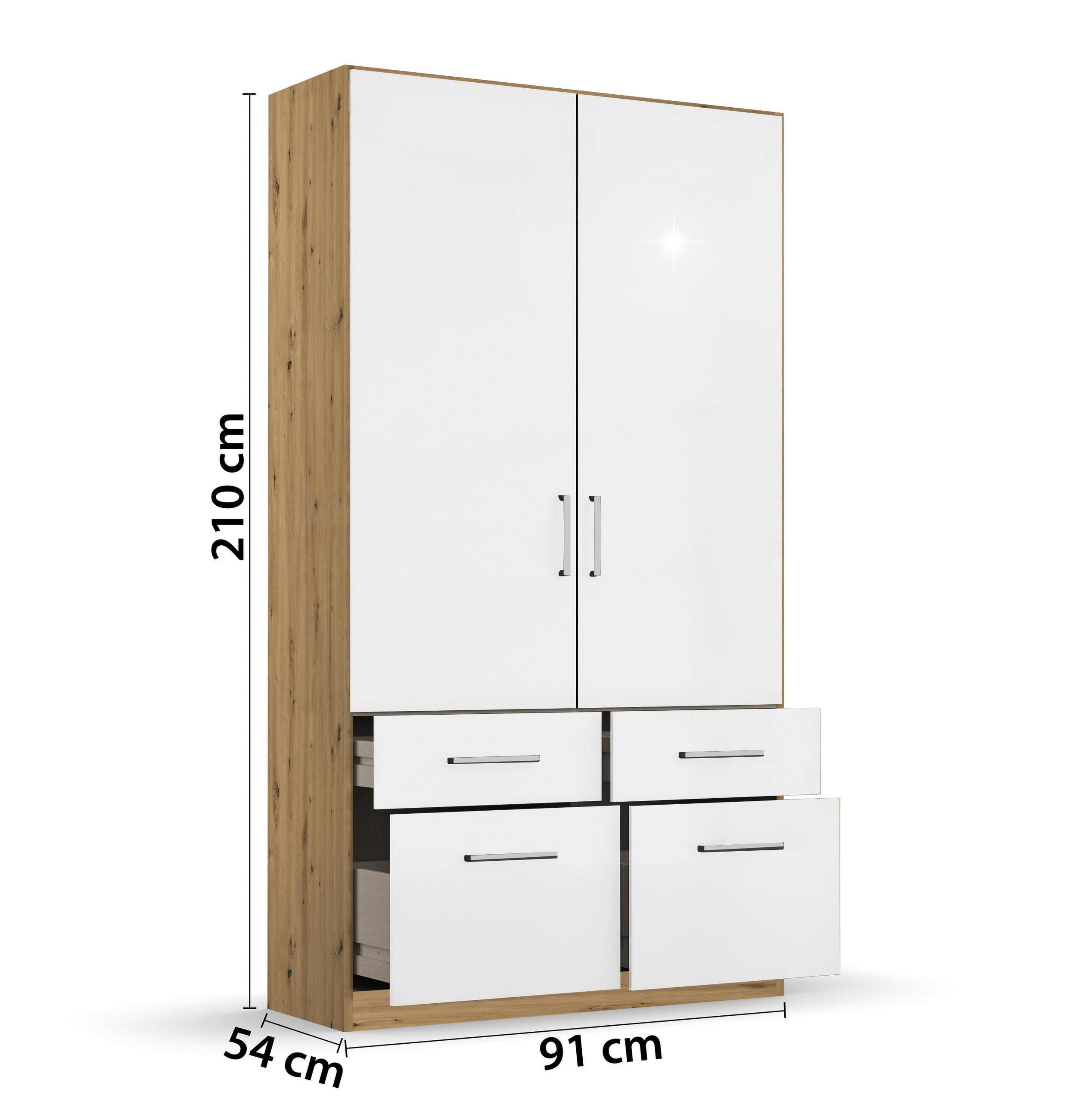 Thumbnail - Rauch Möbel Drehtürenschrank, Eiche Artisan, Weiß Hochglanz, Kunststoff, 4 Schublade(n) Schubladen, 91x197x54 cm, Blauer...