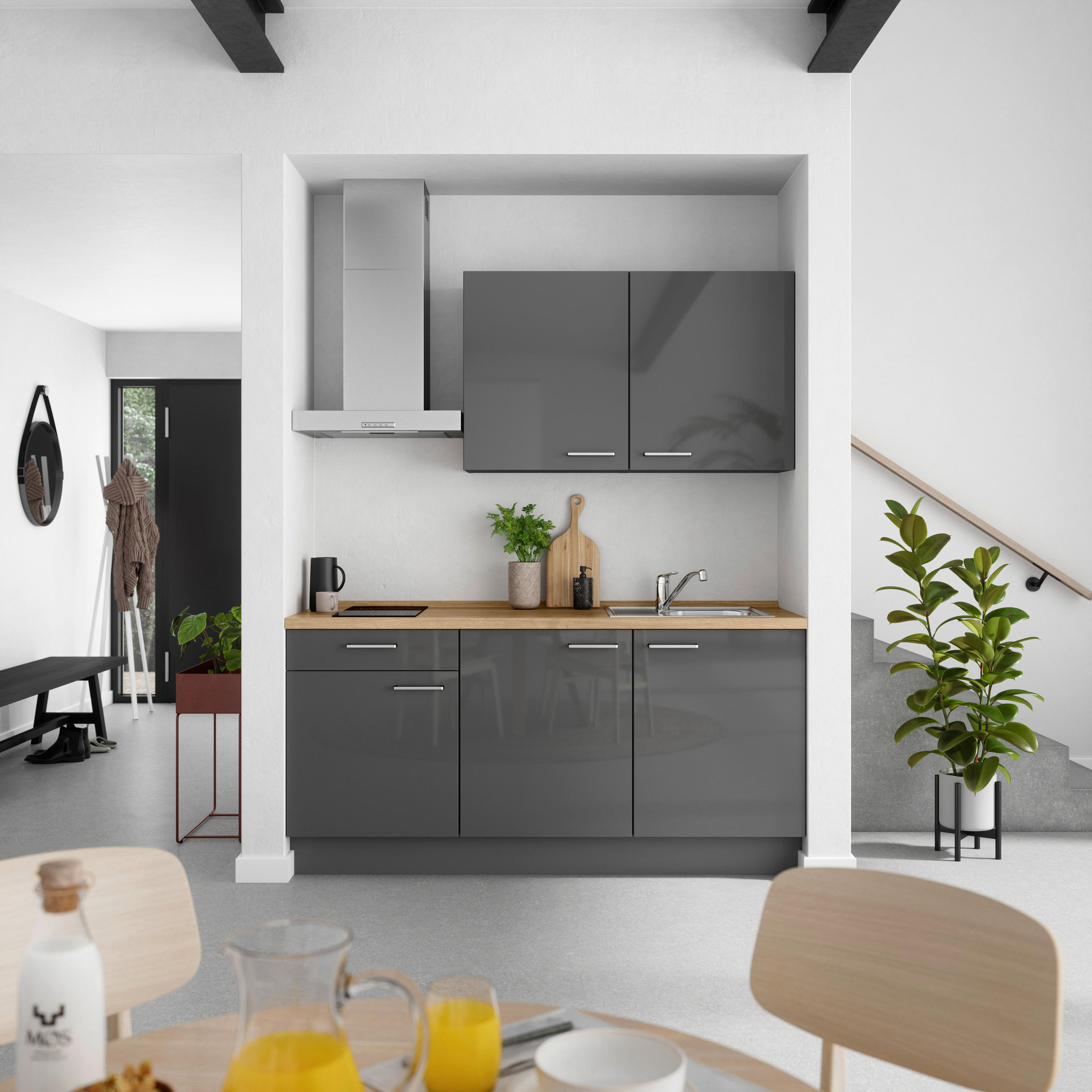 KÜCHENBLOCK Flash 180 cm  in Eichefarben, Schieferfarben  - Schieferfarben/Edelstahlfarben, MODERN, Holzwerkstoff/Metall (180cm) - Nobilia