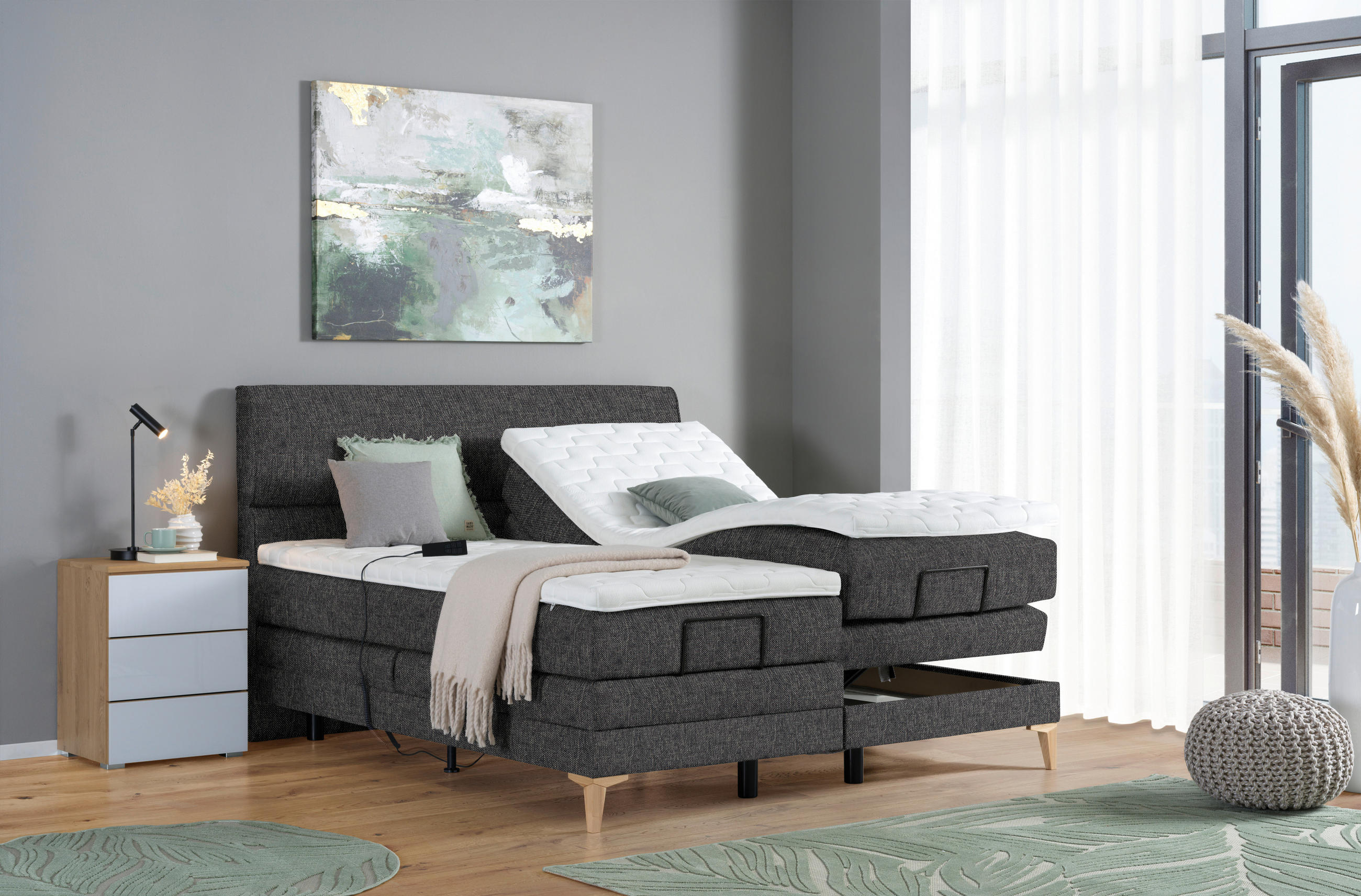 BOXSPRINGBETT 180/200 cm  in Dunkelgrau  - Eichefarben/Dunkelgrau, KONVENTIONELL, Holz/Textil (180/200cm) - Voleo