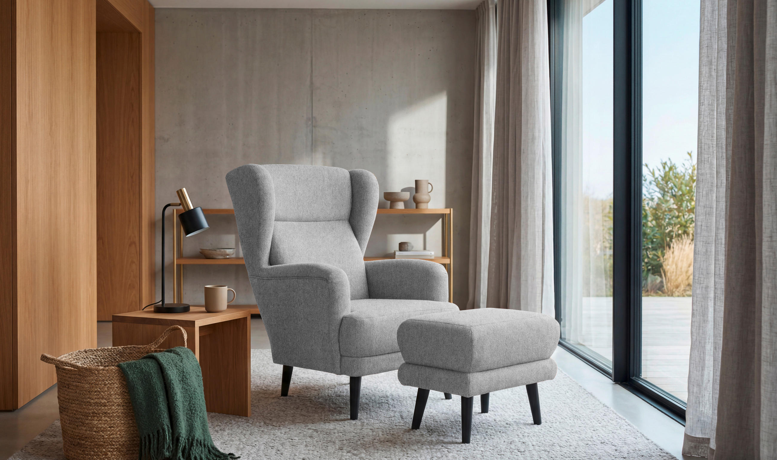 HOCKER MINA Mikrovelours Hellgrau  - Hellgrau/Schwarz, MODERN, Holz/Textil (63/43/42cm) - MID.YOU