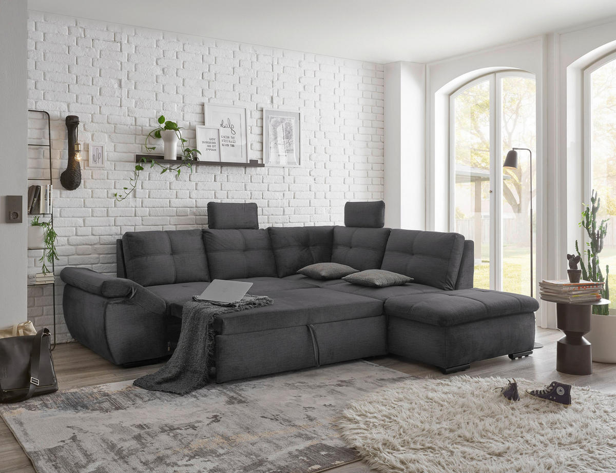 ECKSOFA in Mikrovelours Grau  - Schwarz/Grau, Konventionell, Kunststoff/Textil (265/217cm) - Carryhome