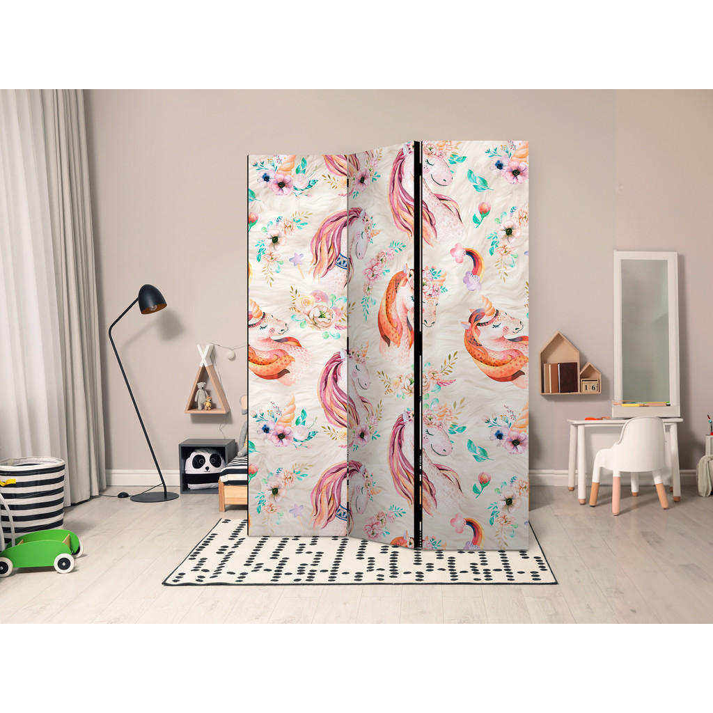 Thumbnail - artgeist Paravent, Mehrfarbig, Holz, Textil, Kiefer, massiv, Einhorn, 135x172x3 cm, Motiv auf Vorder- und Rückseite, Woh...