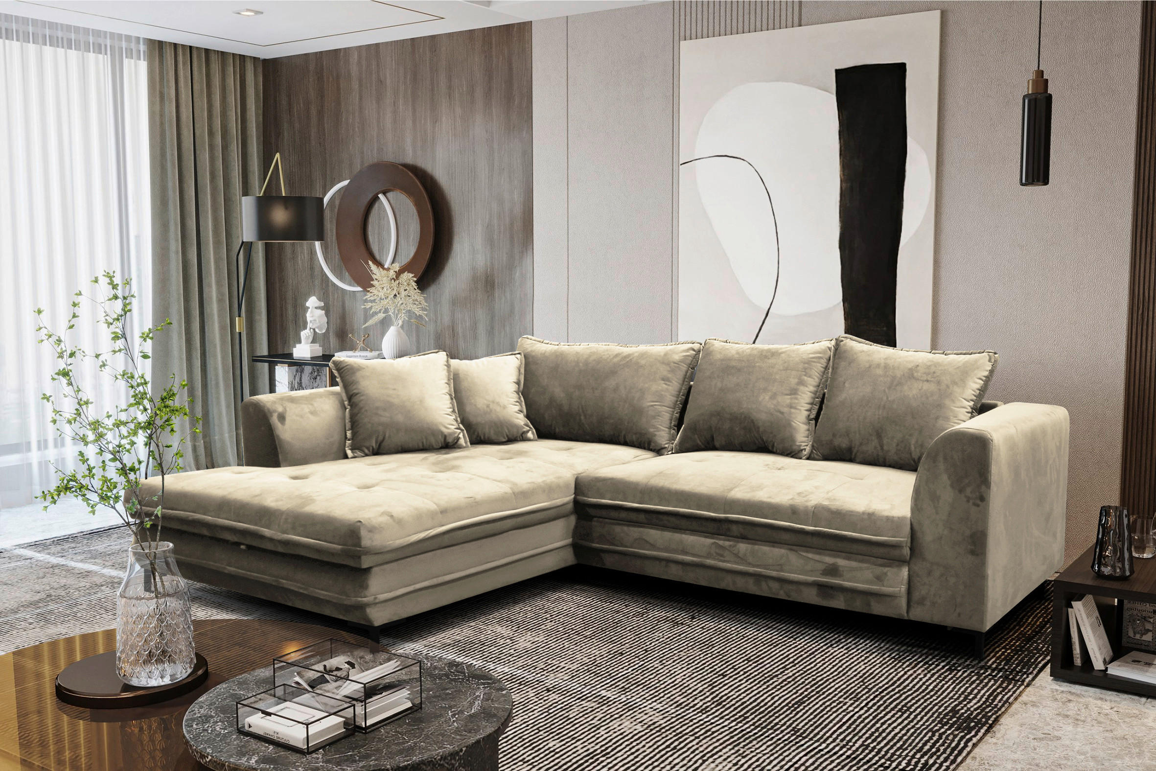 ECKSCHLAFSOFA Velours Beige  - Beige/Schwarz, Design, Textil/Metall (187/277cm) - Livetastic