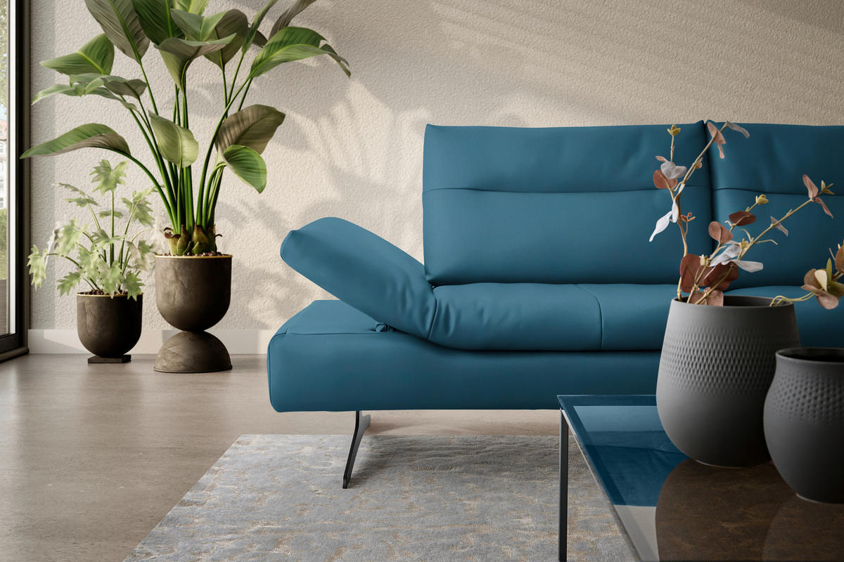 ECKSOFA in Echtleder Hellblau  342/158 cm  - Schwarz/Hellblau, MODERN, Leder/Metall (342/158cm) - Chilliano