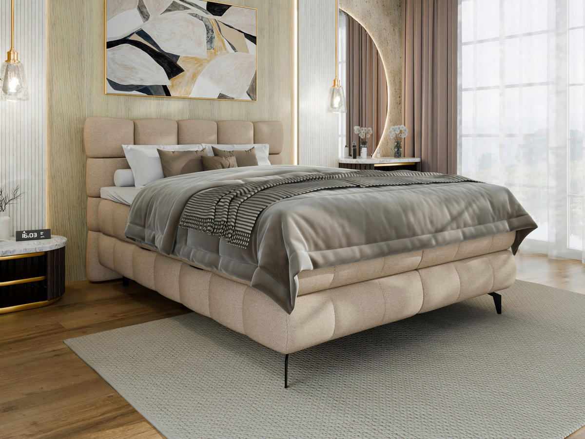BOXBETT 140/200 cm,  in Beige, Bettkasten, Topper, H3 + H3 = fest  - Beige/Schwarz, Trend, Textil/Metall (140/200cm) - Esposa