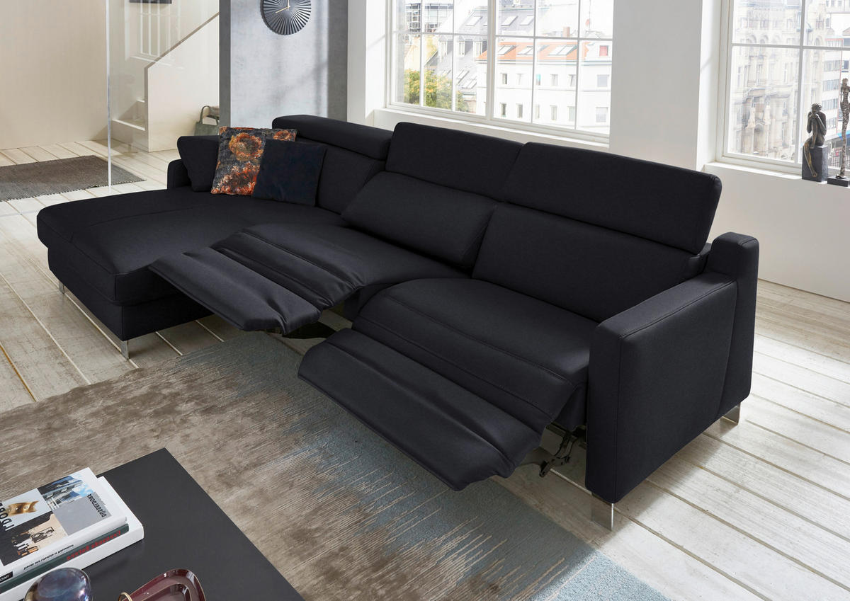 ECKSOFA in Echtleder Schwarz  - Chromfarben/Schwarz, Design, Leder/Metall (176/291cm) - Valdera