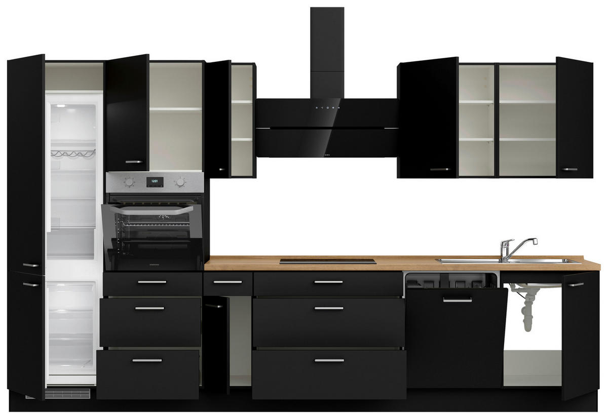 KÜCHENLEERBLOCK 360 cm   in Schwarz, Eichefarben  - Edelstahlfarben/Eichefarben, MODERN, Holzwerkstoff/Metall (360cm) - Nobilia