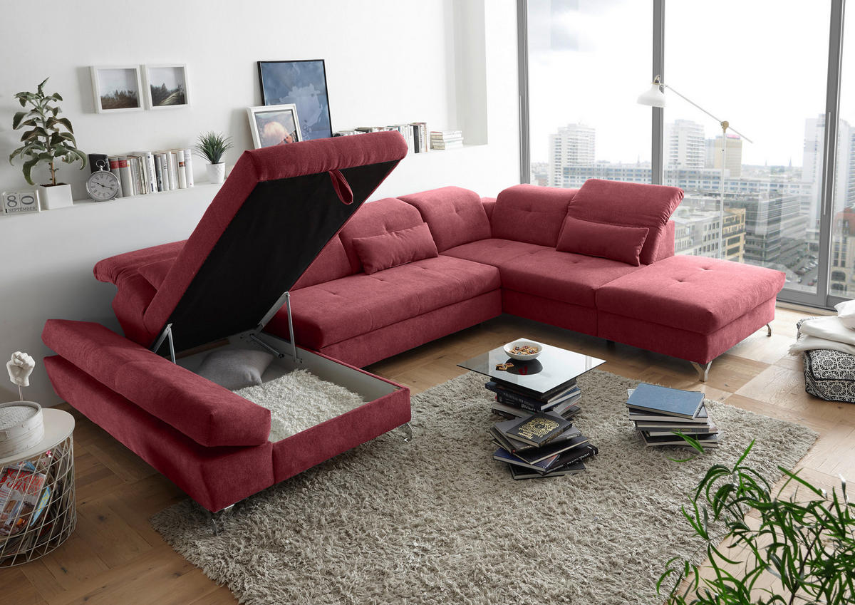 WOHNLANDSCHAFT in Mikrovelours Beere  - Beere/Silberfarben, Modern, Textil/Metall (168/350/245cm) - MID.YOU