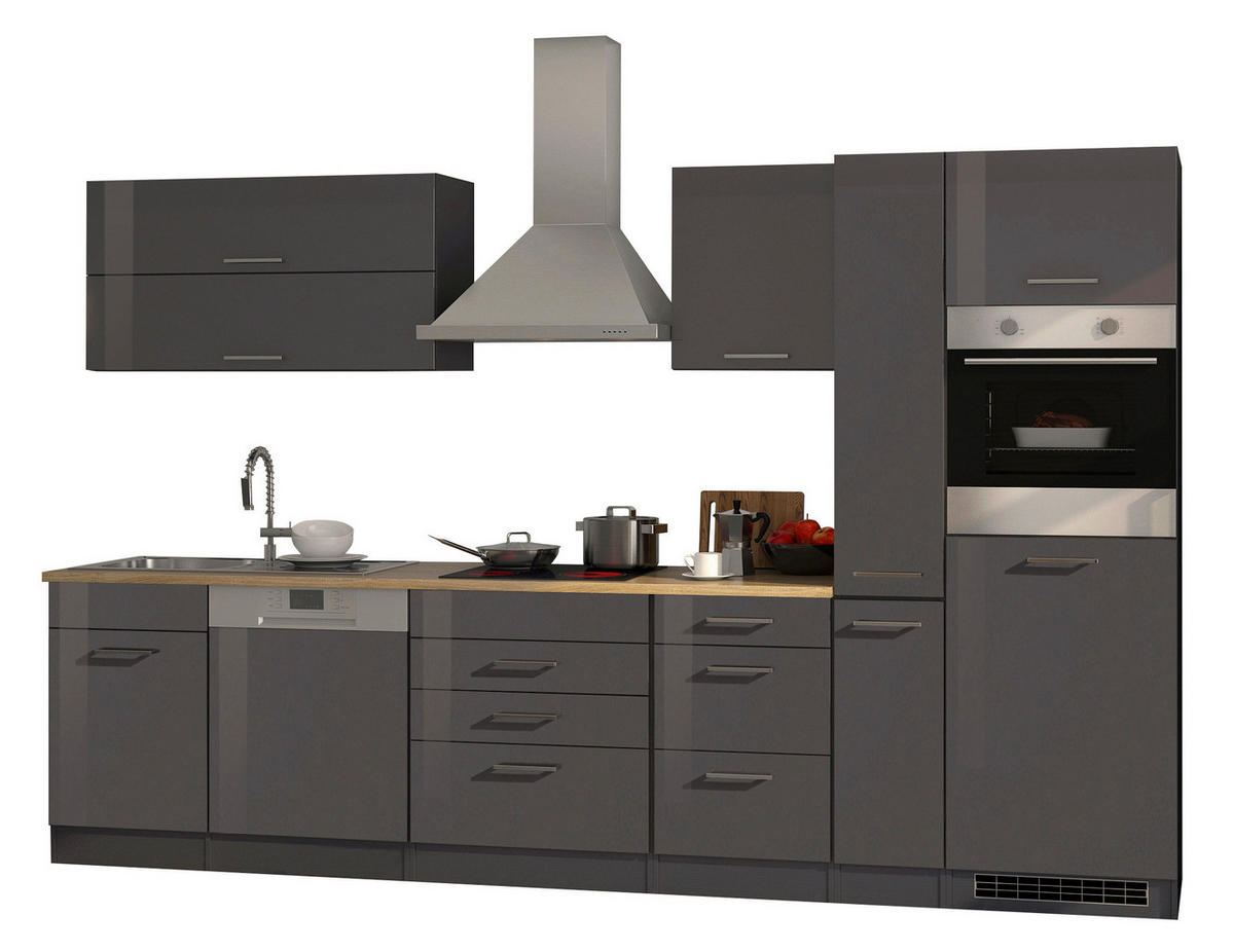 KÜCHENBLOCK 330 cm   in Anthrazit, Anthrazit Hochglanz  - Chromfarben/Eichefarben, Basics, Holzwerkstoff/Metall (330cm) - MID.YOU