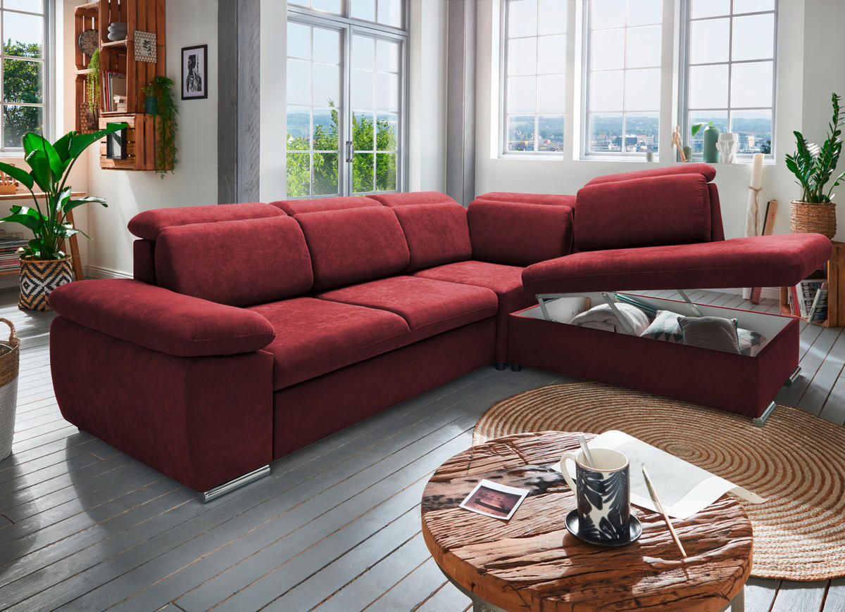 ECKSOFA in Mikrofaser Bordeaux  - Chromfarben/Bordeaux, Design, Textil/Metall (283/228cm) - Livetastic