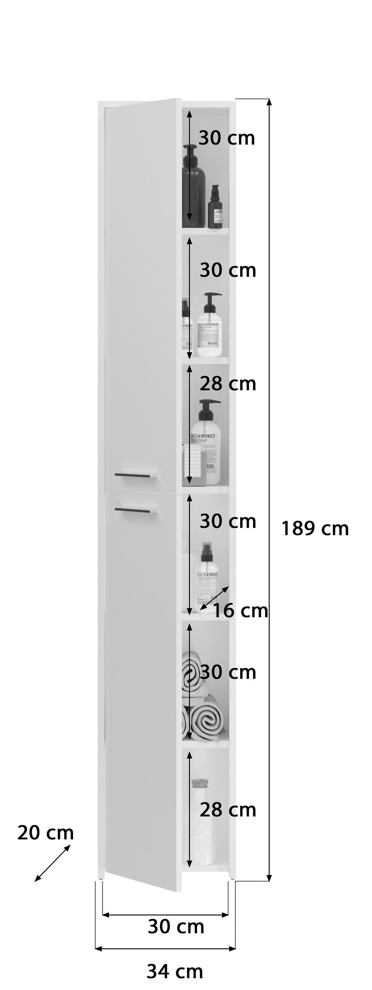 HOCHSCHRANK 34/189/20 cm  - Weiß Hochglanz/Silberfarben, MODERN, Holzwerkstoff (34/189/20cm) - MID.YOU