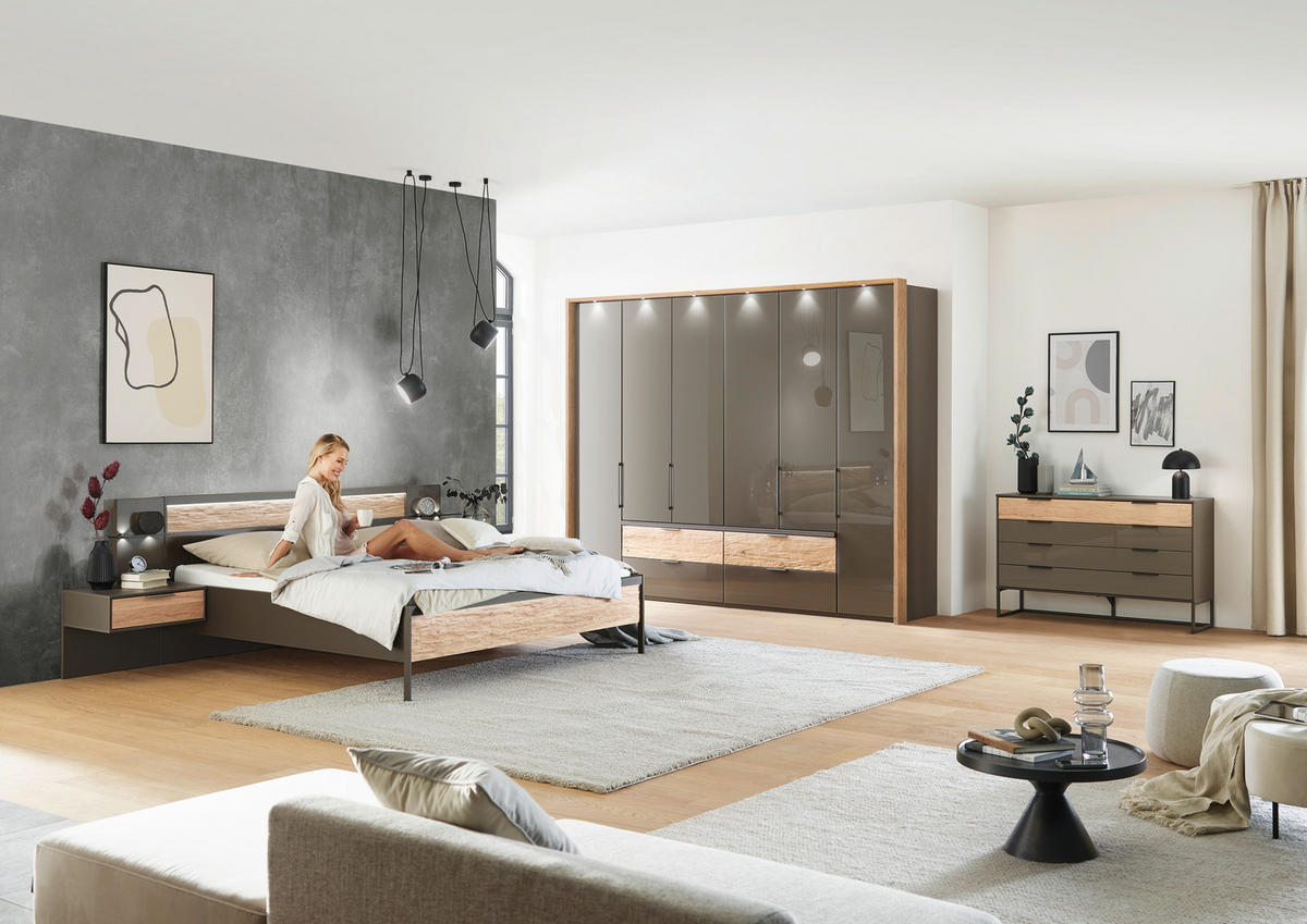 KLEIDERSCHRANK  in Anthrazit, Eichefarben  - Schieferfarben/Eichefarben, Design, Glas/Holzwerkstoff (300/216/58cm) - Dieter Knoll