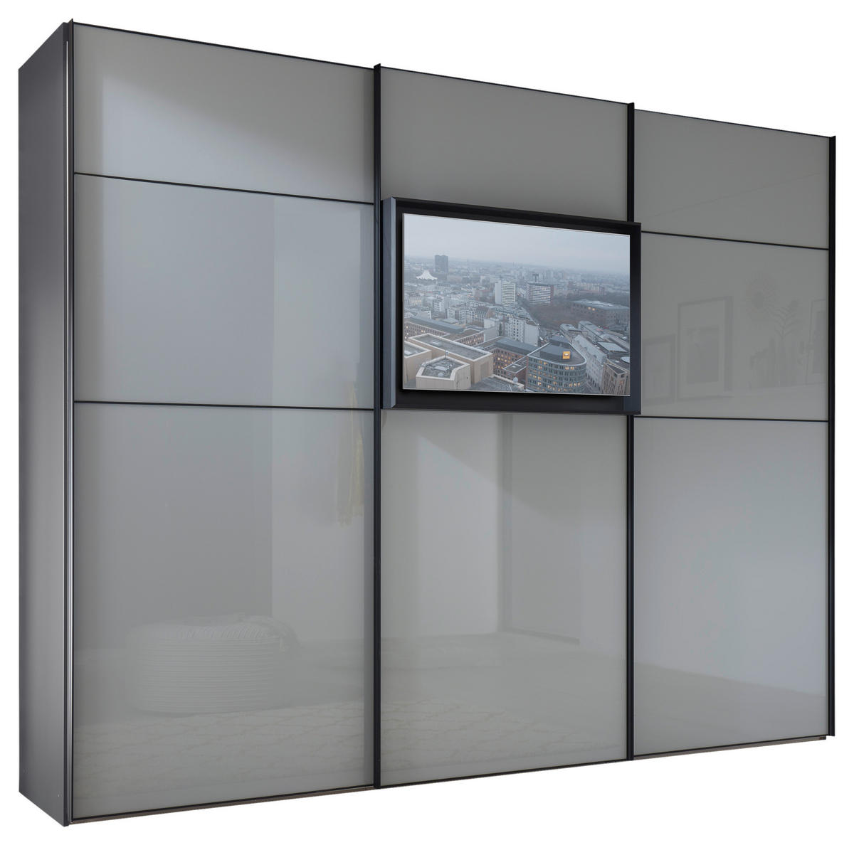 SCHWEBETÜRENSCHRANK 280/222/68 cm 3-türig Hellgrau, Grau  - Hellgrau/Schwarz, Design, Glas/Holzwerkstoff (280/222/68cm) - Moderano