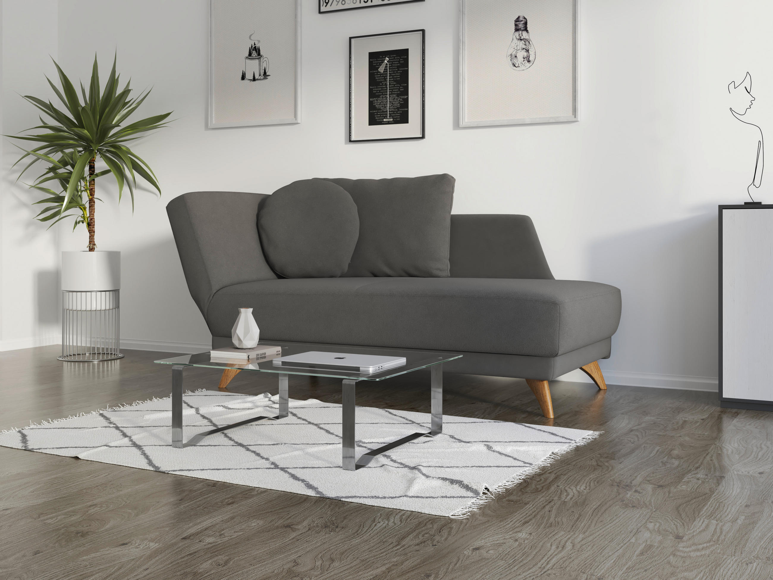 RÉCAMIERE in Flachgewebe Anthrazit  - Eichefarben/Anthrazit, Modern, Holz/Textil (205/74/94cm) - Bali