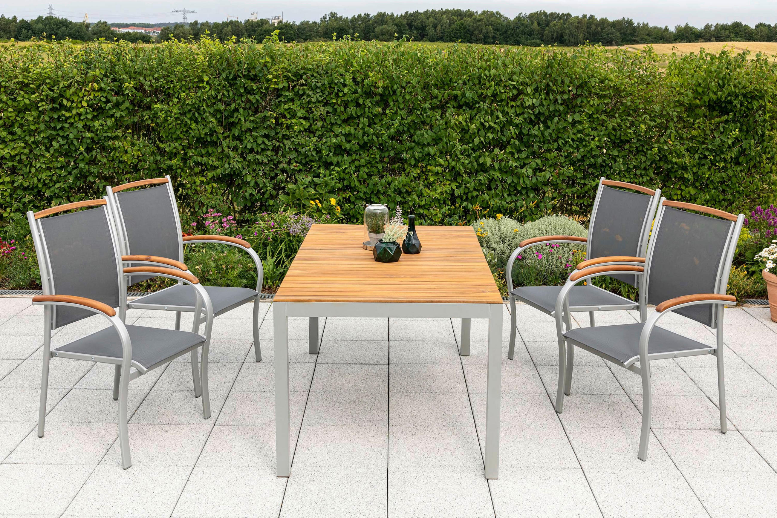 GARTENTISCHGRUPPE beschichtet AkazieHartholz Aluminium  - Silberfarben/Naturfarben, KONVENTIONELL, Holz/Textil - Gardenson