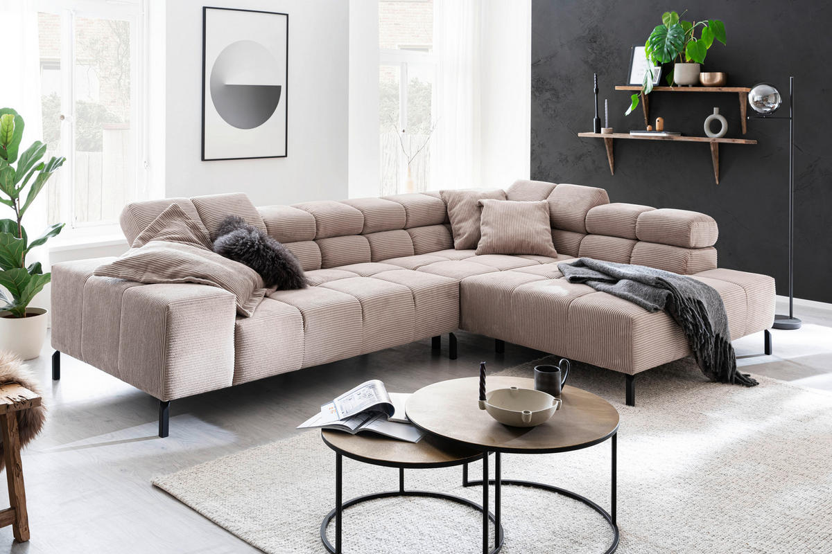 ECKSOFA in Cord Taupe  - Taupe/Schwarz, Design, Textil/Metall (321/216cm) - Hom`in