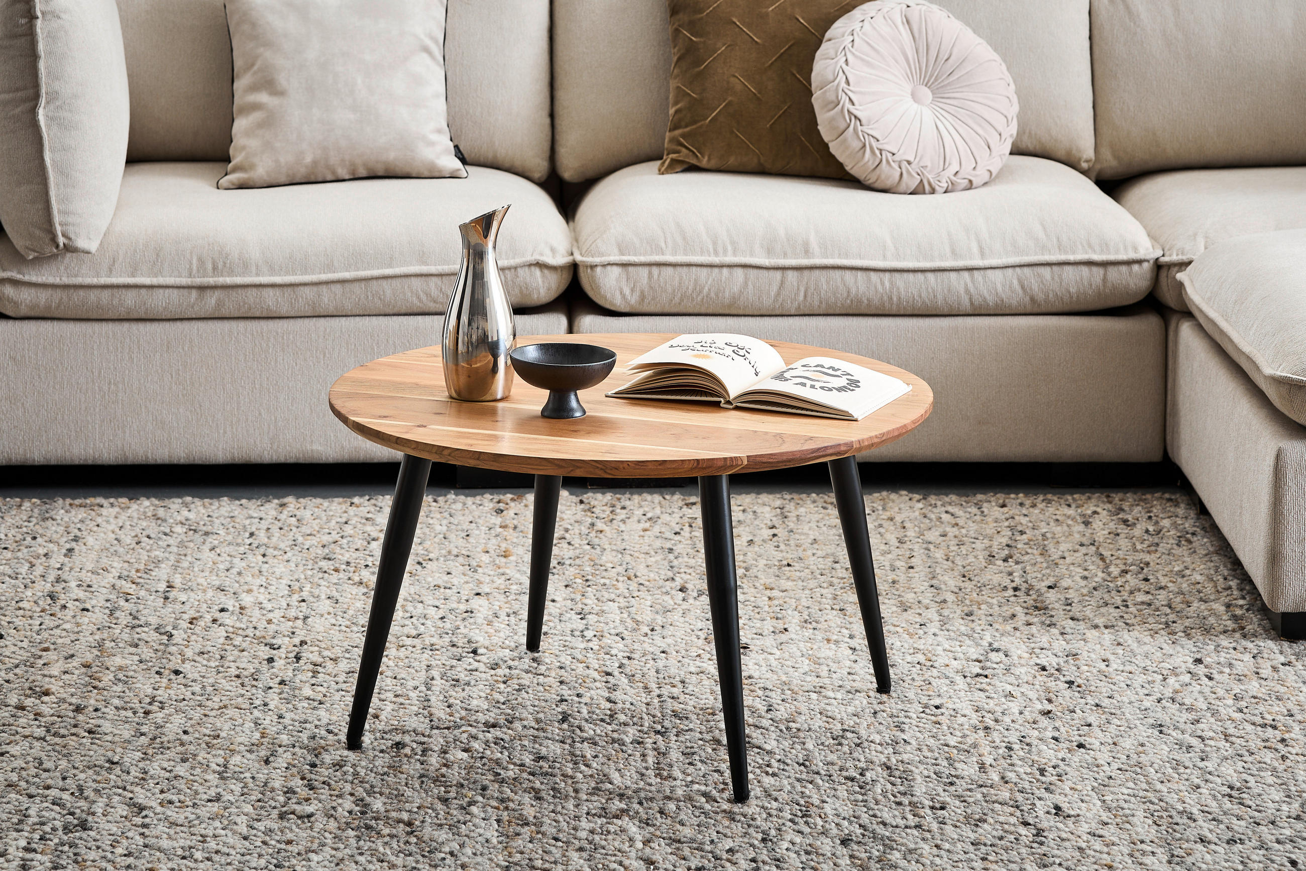 COUCHTISCH Akazie Hartholz rund  - Schwarz, Natur, Holz/Metall (80/80/45cm) - Livetastic