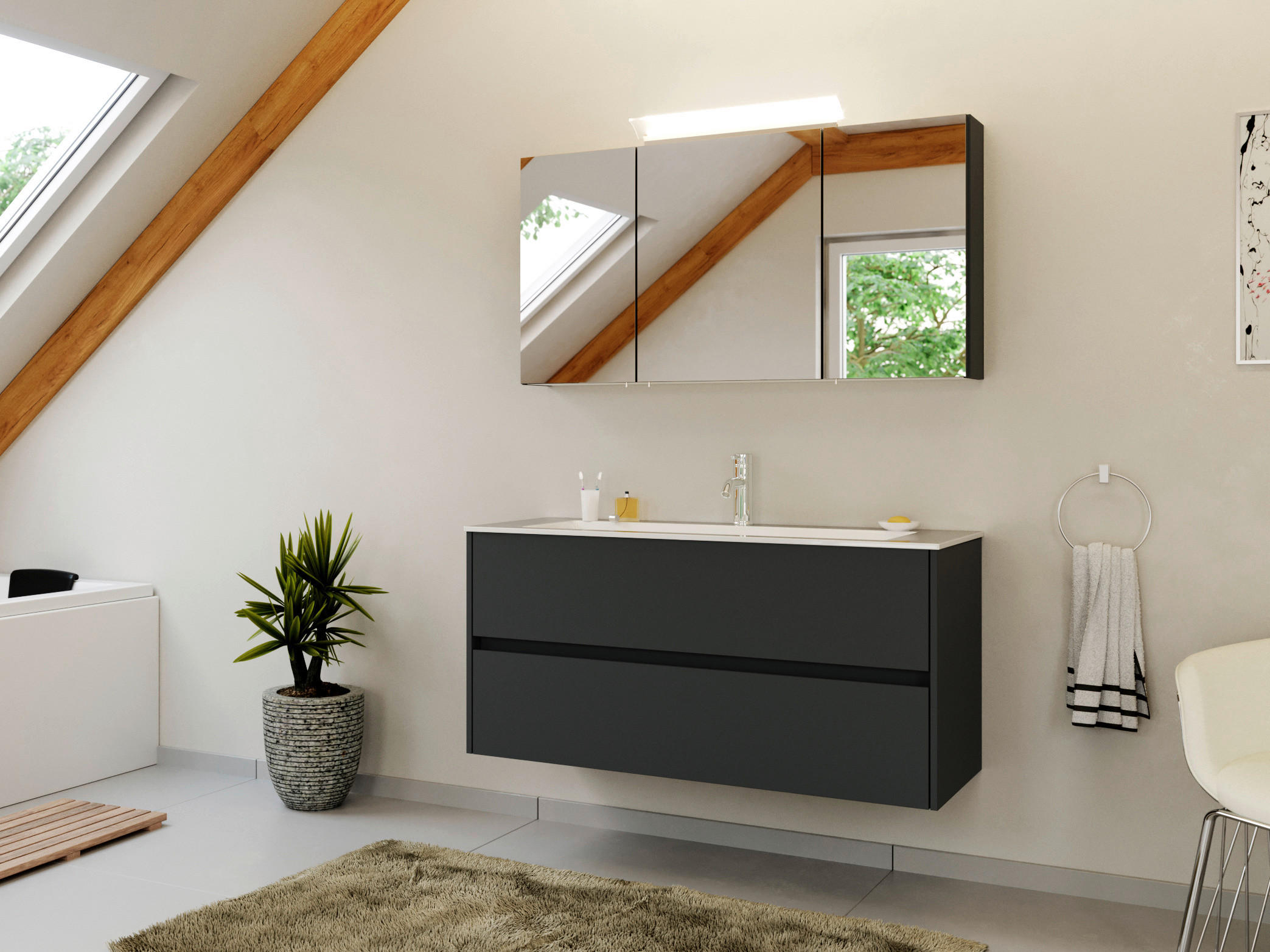 BADEZIMMER 2-teilig  in 120 cm  - Graphitfarben/Weiß, Basics, Holzwerkstoff/Stein (120cm) - MID.YOU