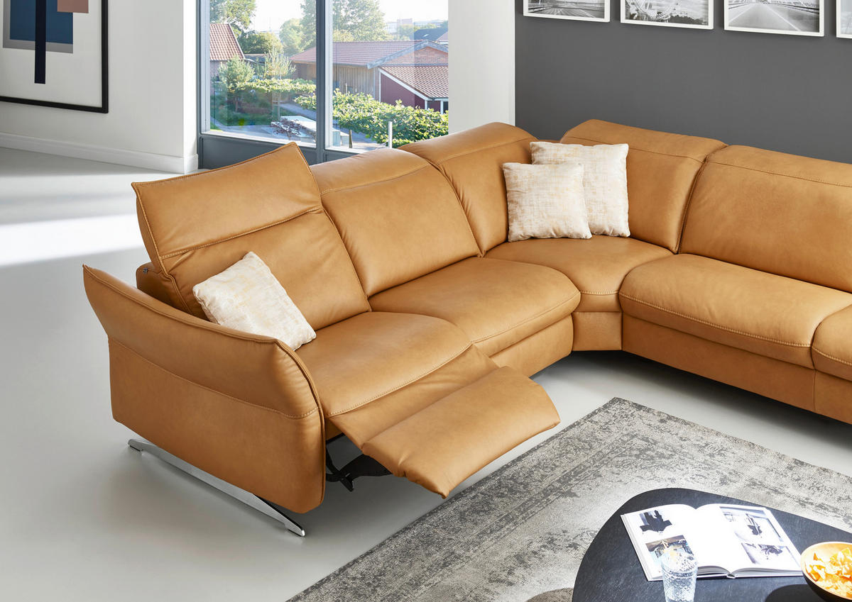 ECKSOFA in Echtleder Orange  - Edelstahlfarben/Orange, Design, Leder/Metall (292/258cm) - Hukla