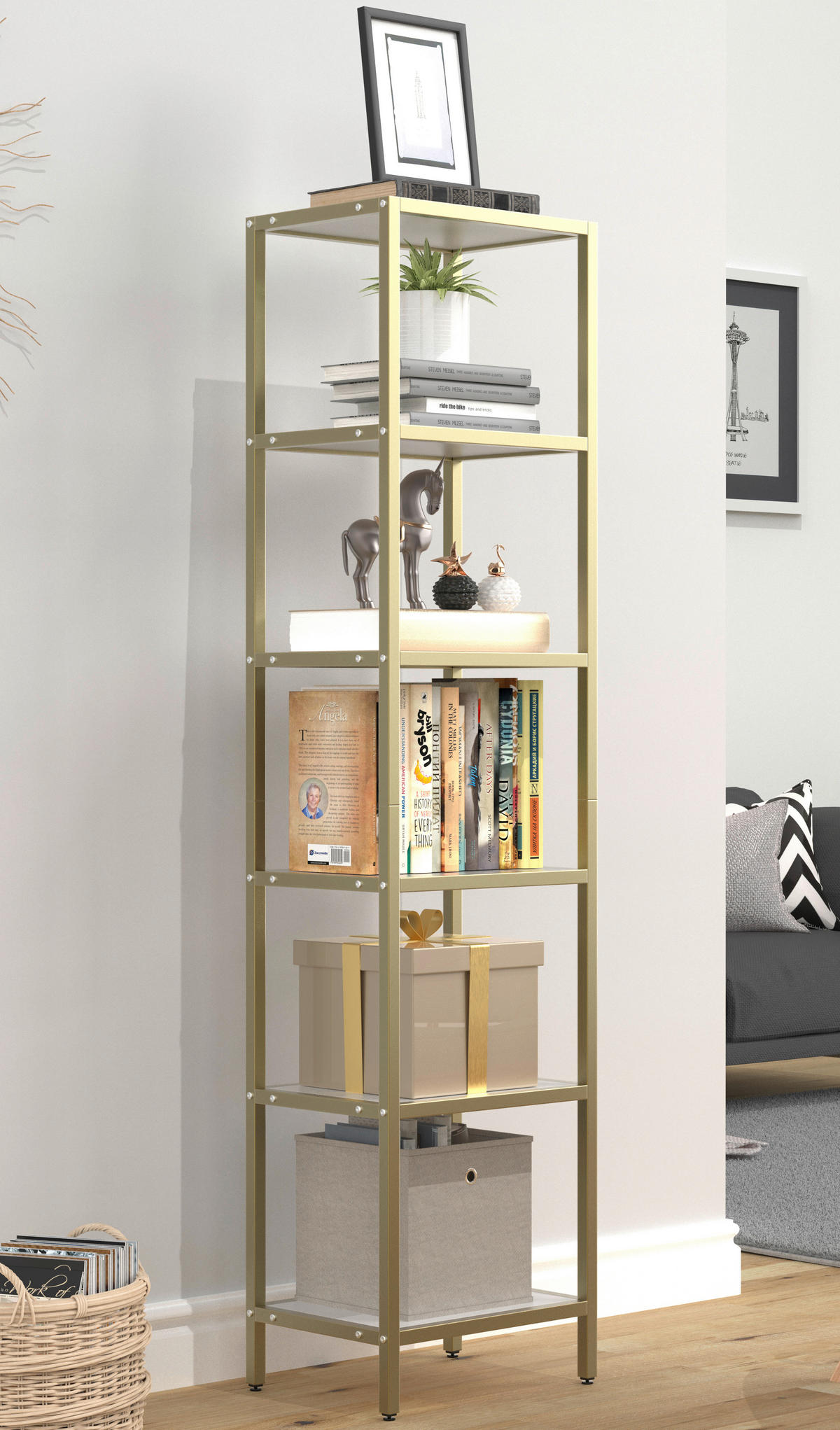 VITRINE in Weiss, Goldfarben  - Weiss/Goldfarben, Design, Holzwerkstoff/Metall (40/165/30cm) - MID.YOU