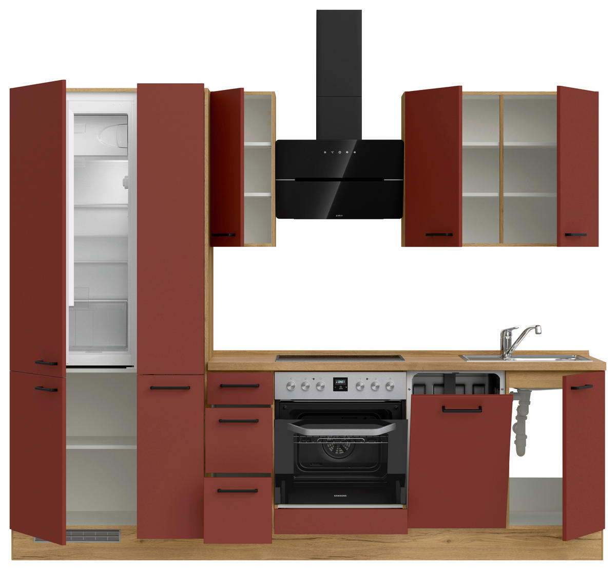 KÜCHENLEERBLOCK 270 cm   in Rot, Eichefarben  - Eichefarben/Rot, MODERN, Holzwerkstoff/Metall (270cm) - Nobilia