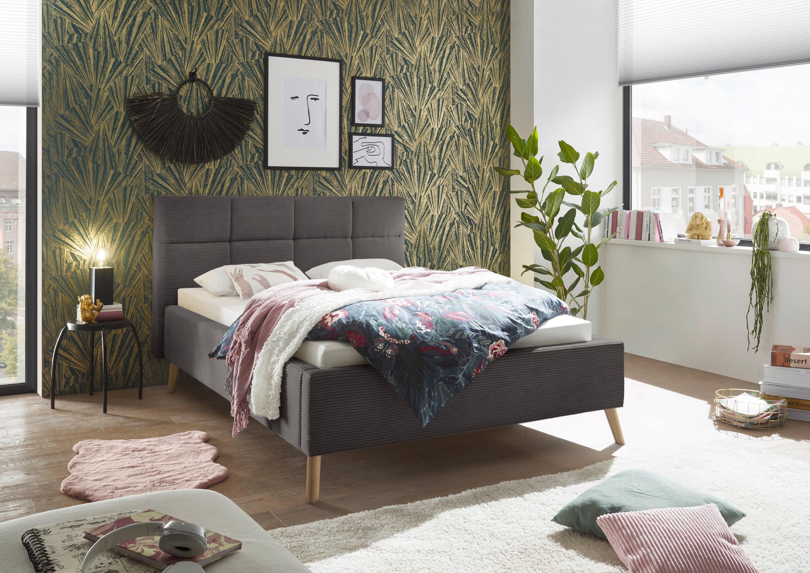 POLSTERBETT 140/200 cm,  in Grau,  - Eichefarben/Grau, KONVENTIONELL, Holz/Textil (140/200cm) - SetOne by Musterring