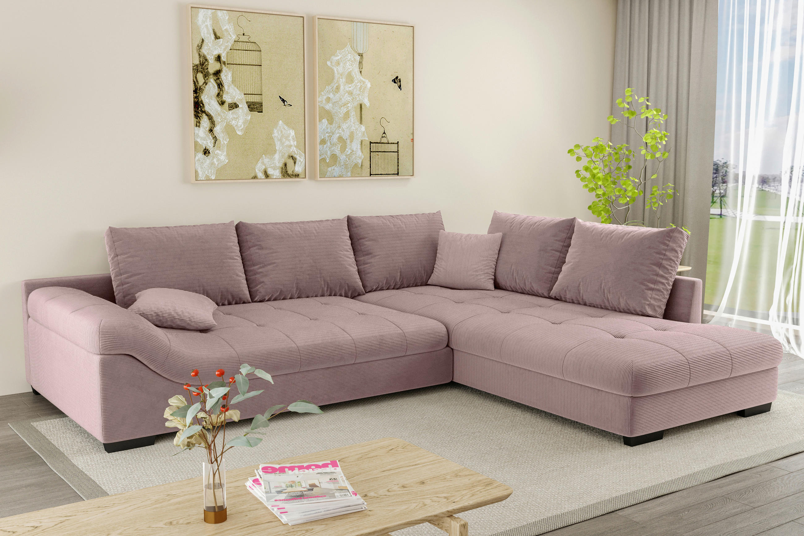 ECKSOFA in Cord Altrosa  - Schwarz/Altrosa, Konventionell, Holz/Textil (298/202cm) - MID.YOU