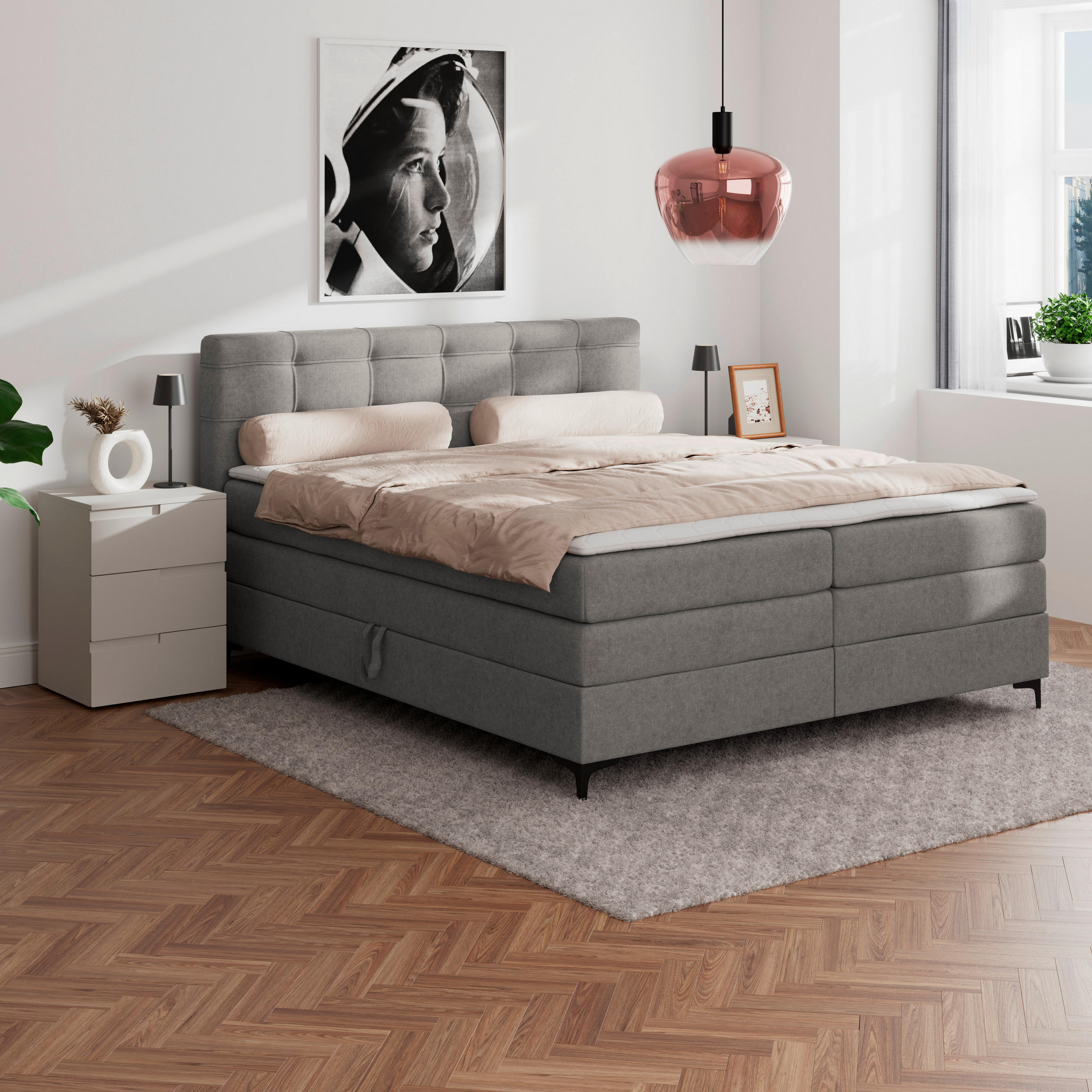 BOXSPRINGBETT 180/200 cm,  in Taupe, H3 = fest  - Taupe/Schwarz, KONVENTIONELL, Kunststoff/Textil (180/200cm)